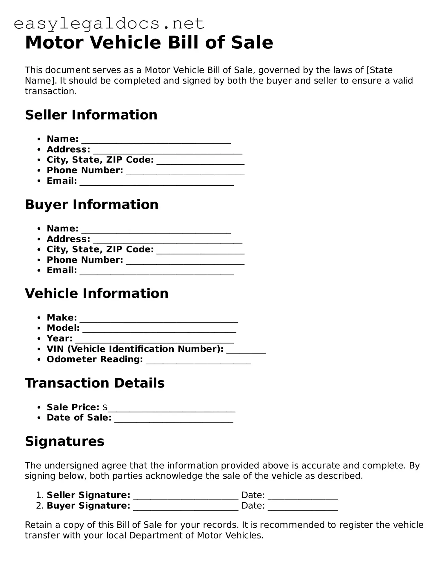 Printable Motor Vehicle Bill of Sale Form