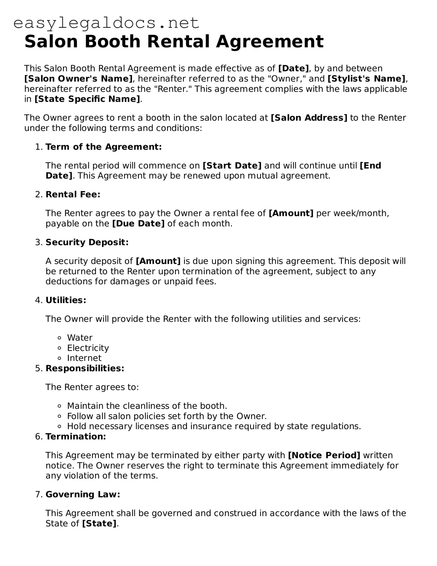 Printable Salon Booth Rental Agreement Form