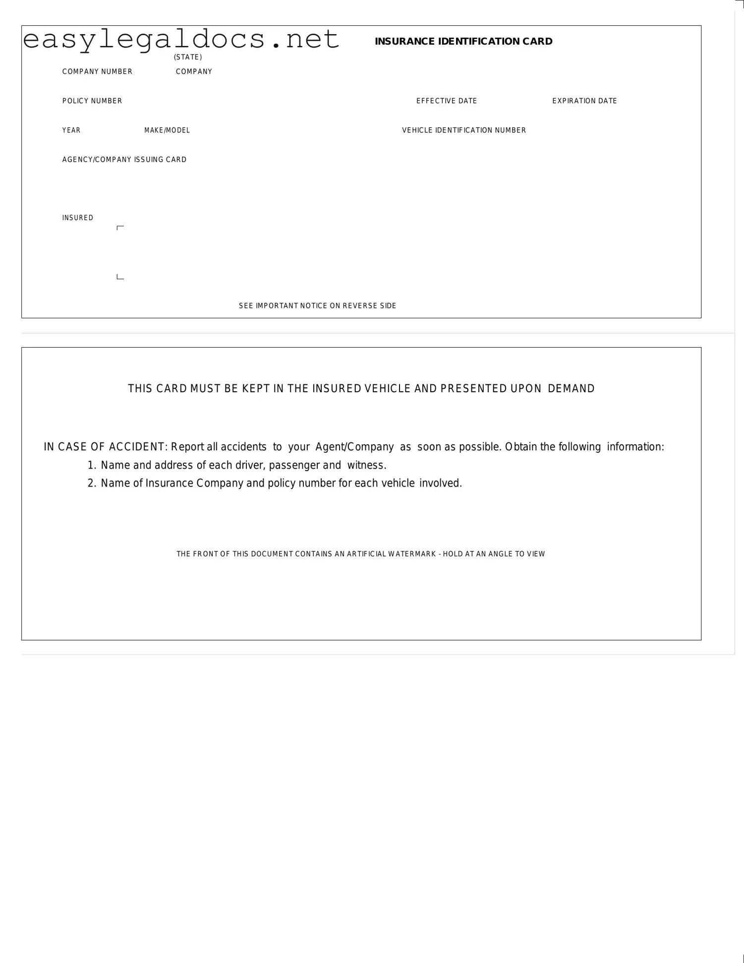 Download Auto Insurance Card Form