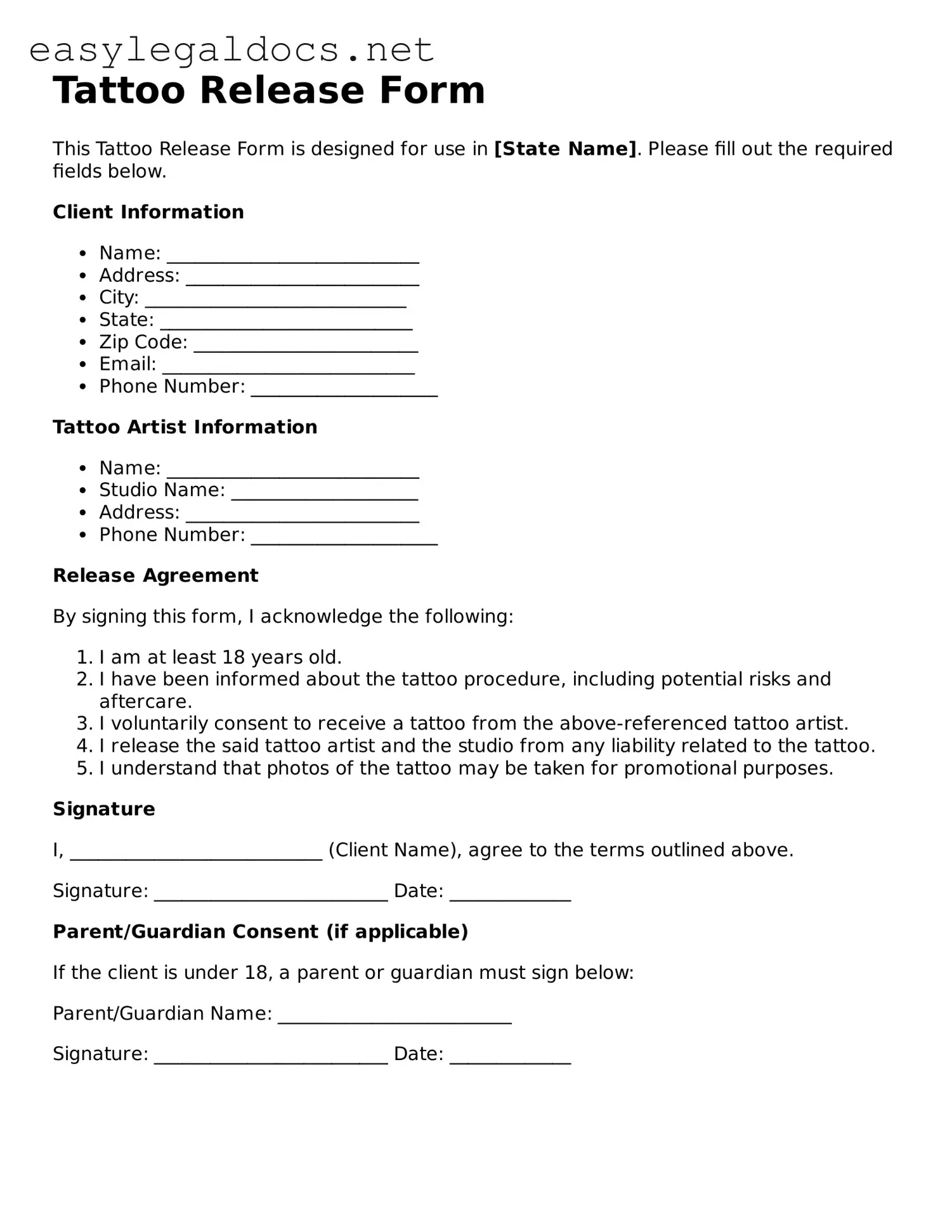 Free Tattoo Release Forms Download PDF Template Free Tattoo Release Forms Download PDF Template