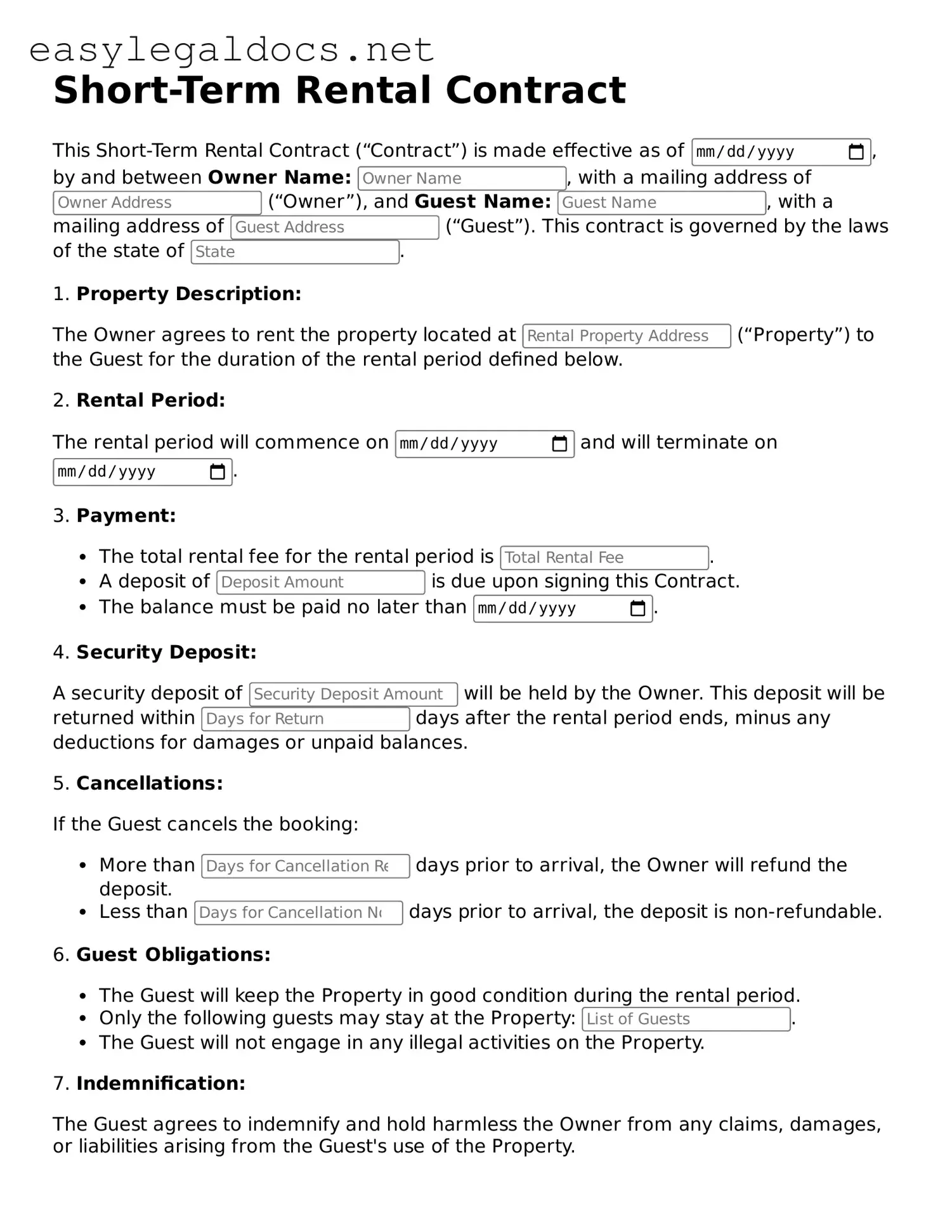 Printable Short-Term Rental Contract Form