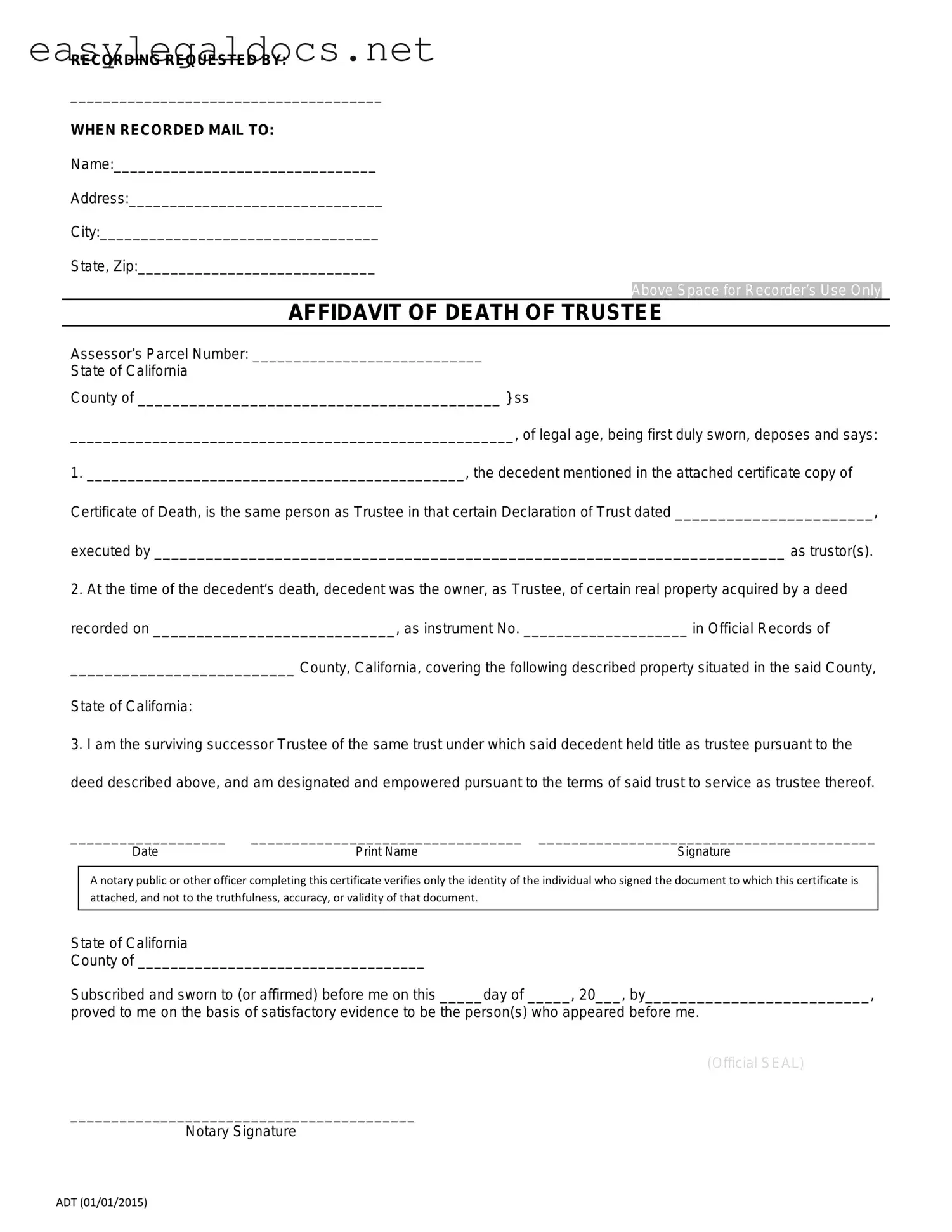 Download California Affidavit of Death of a Trustee Form