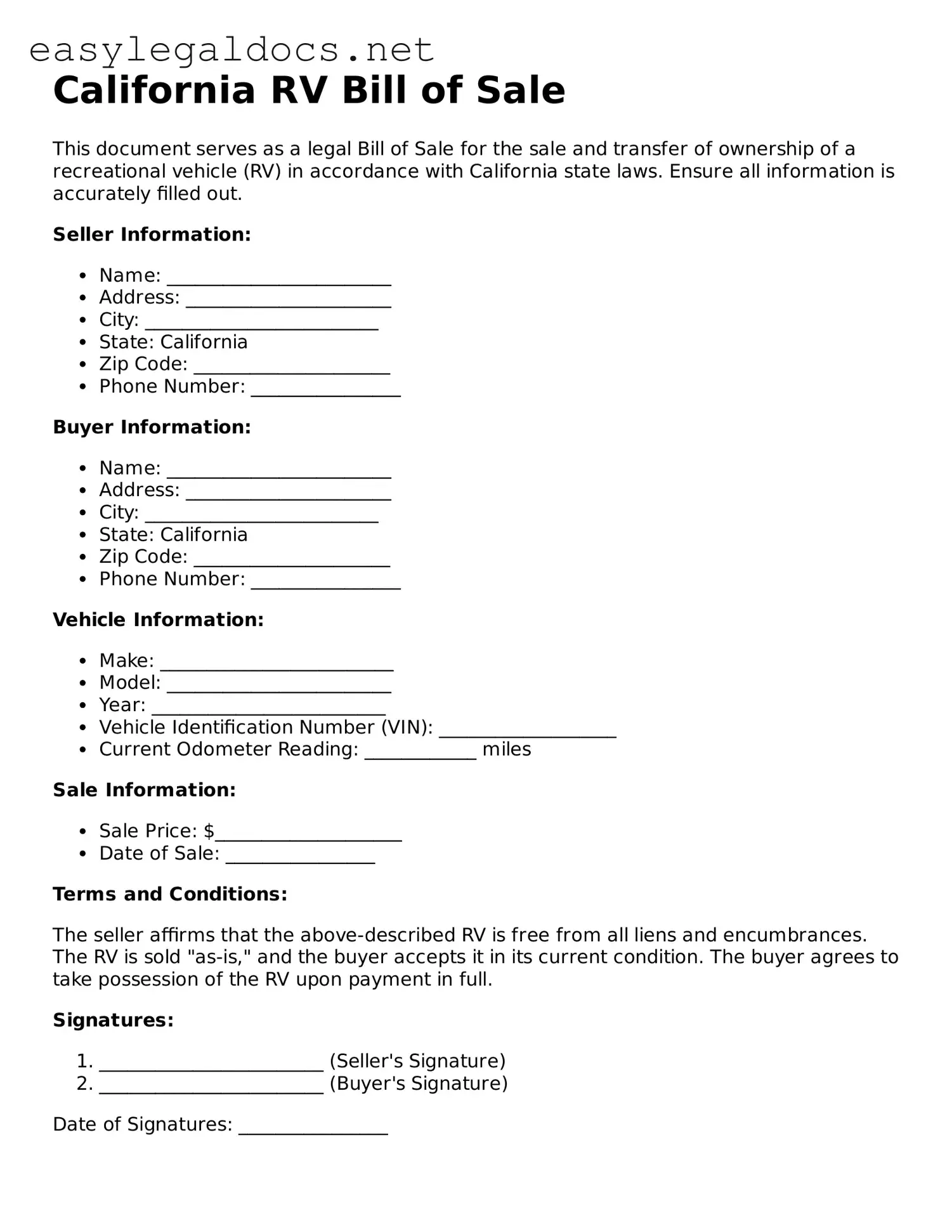 Blank  RV Bill of Sale Form for California
