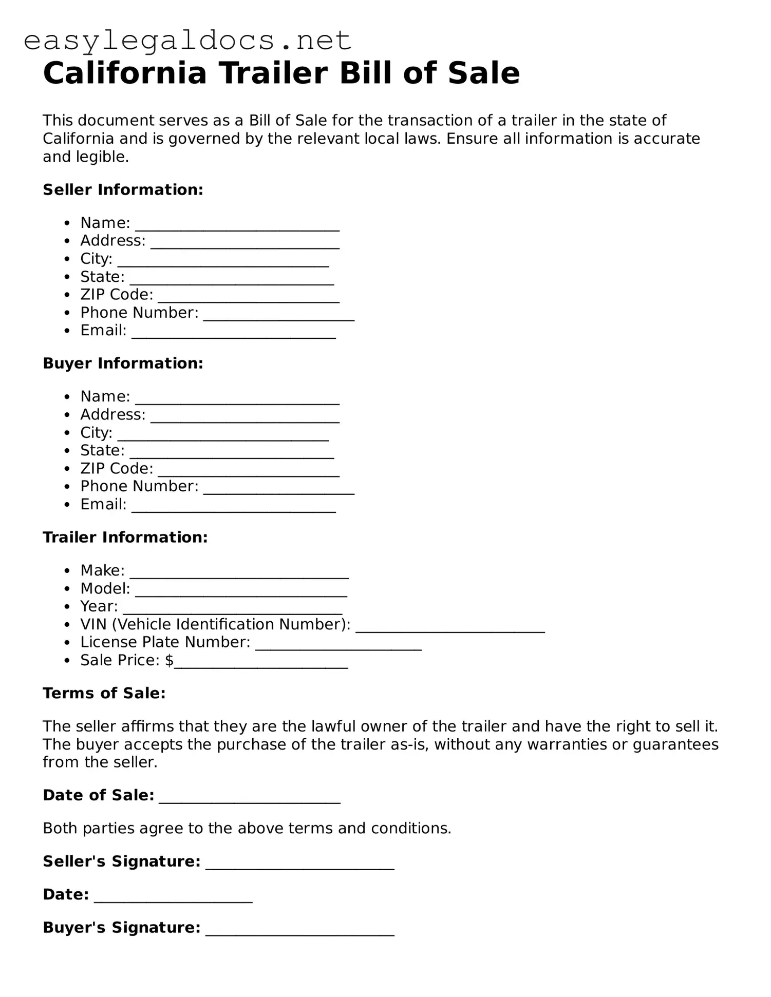 Blank  Trailer Bill of Sale Form for California