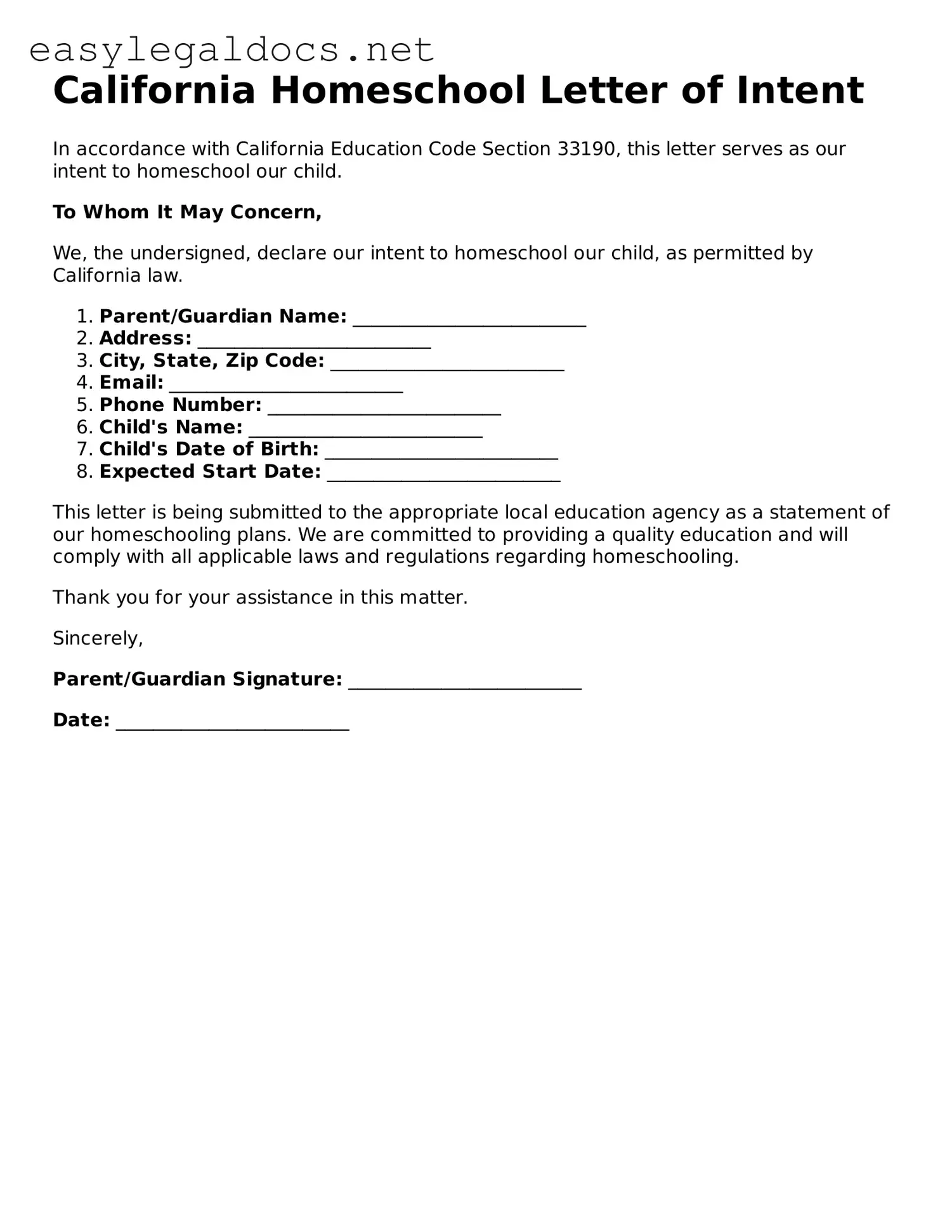 Blank  Homeschool Letter of Intent Form for California