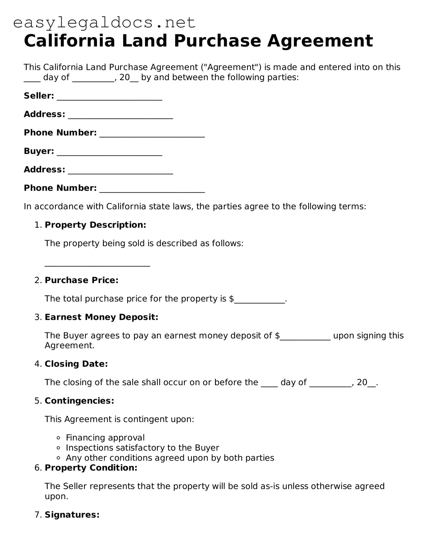 Blank  Land Purchase Agreement Form for California