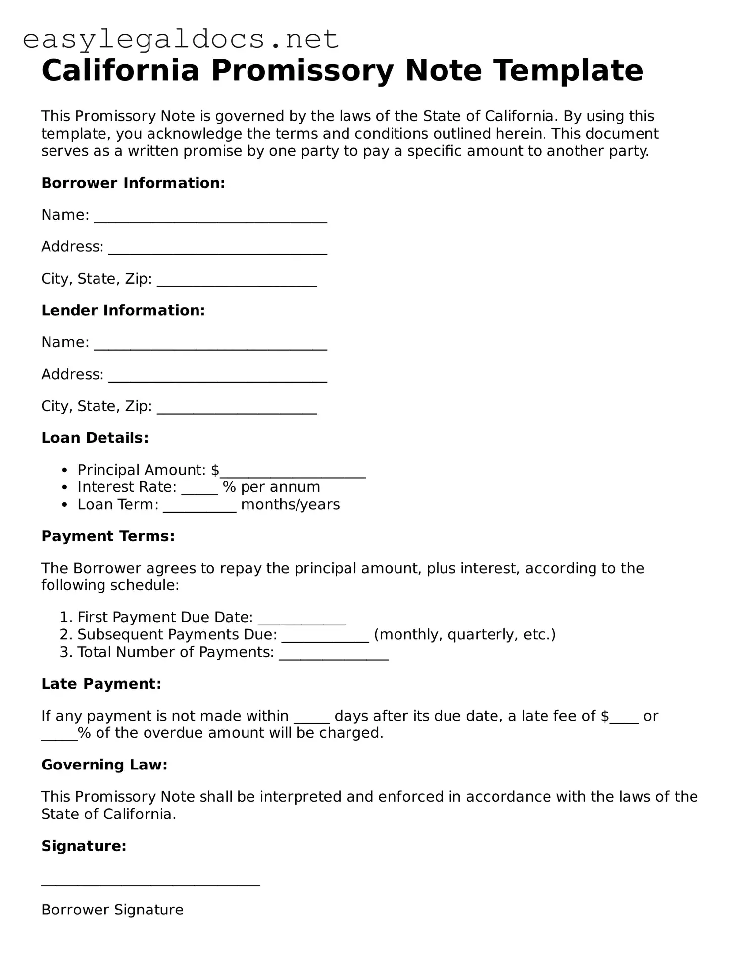 Blank  Promissory Note Form for California