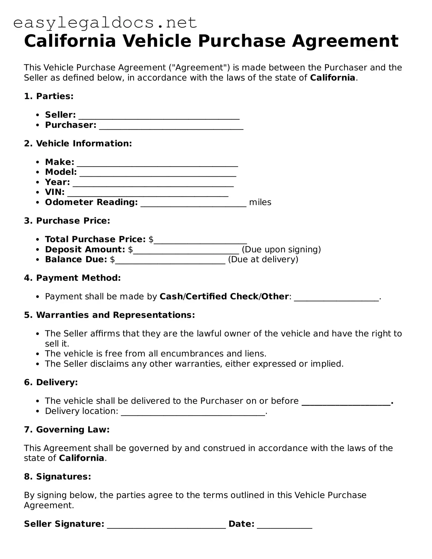 Blank  Vehicle Purchase Agreement Form for California