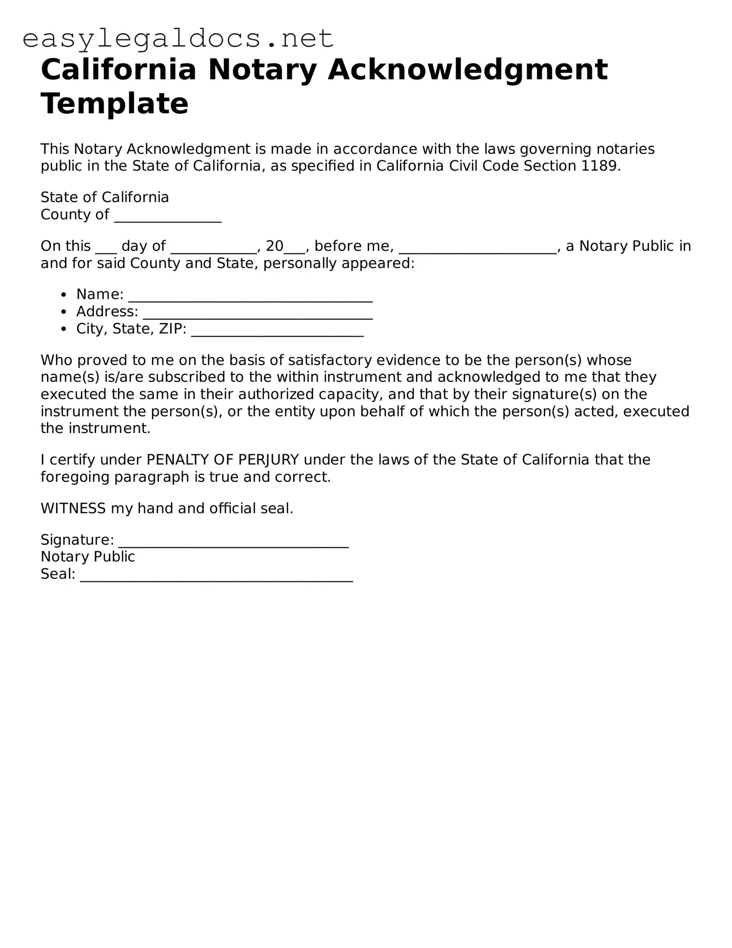 Blank  Notary Acknowledgement Form for California