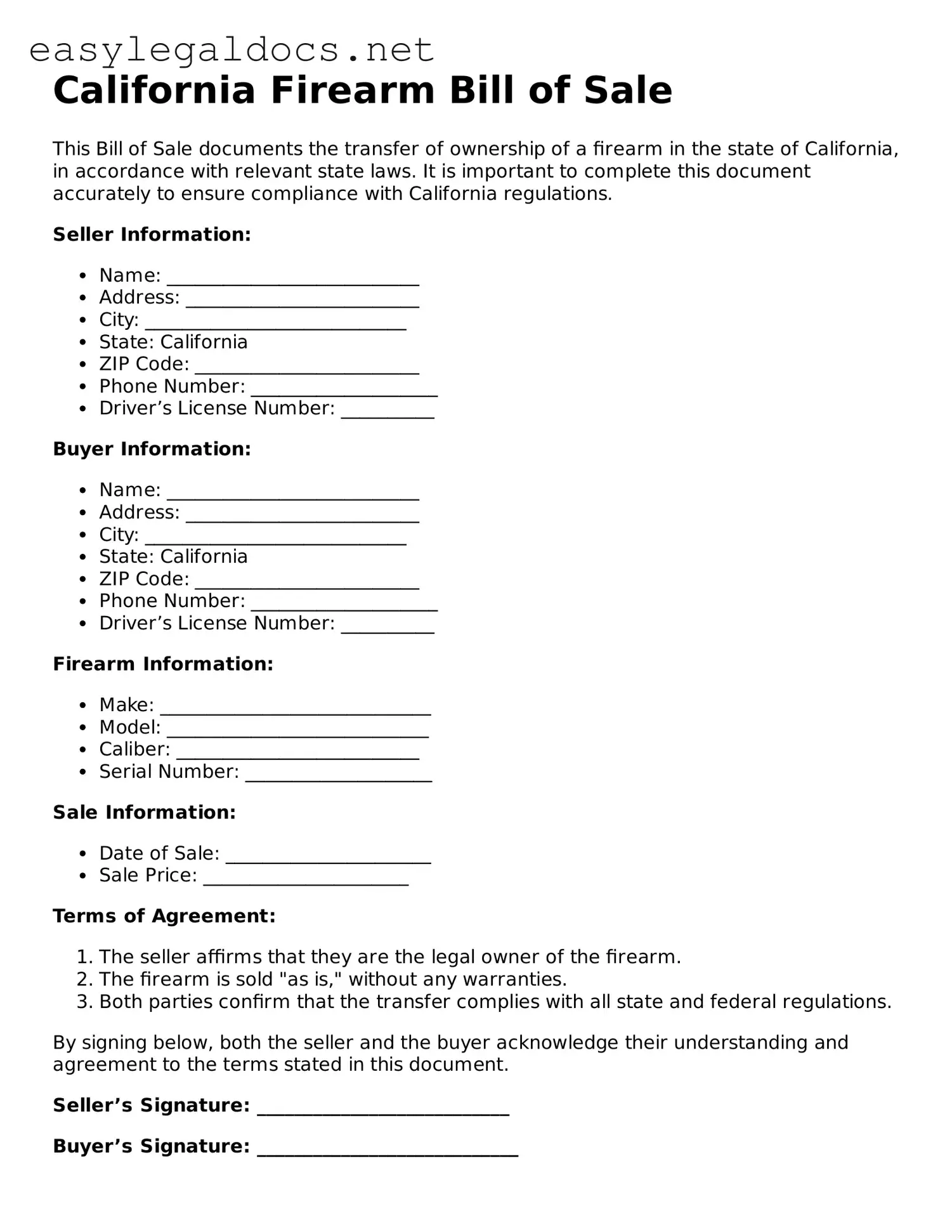 Blank  Firearm Bill of Sale Form for California