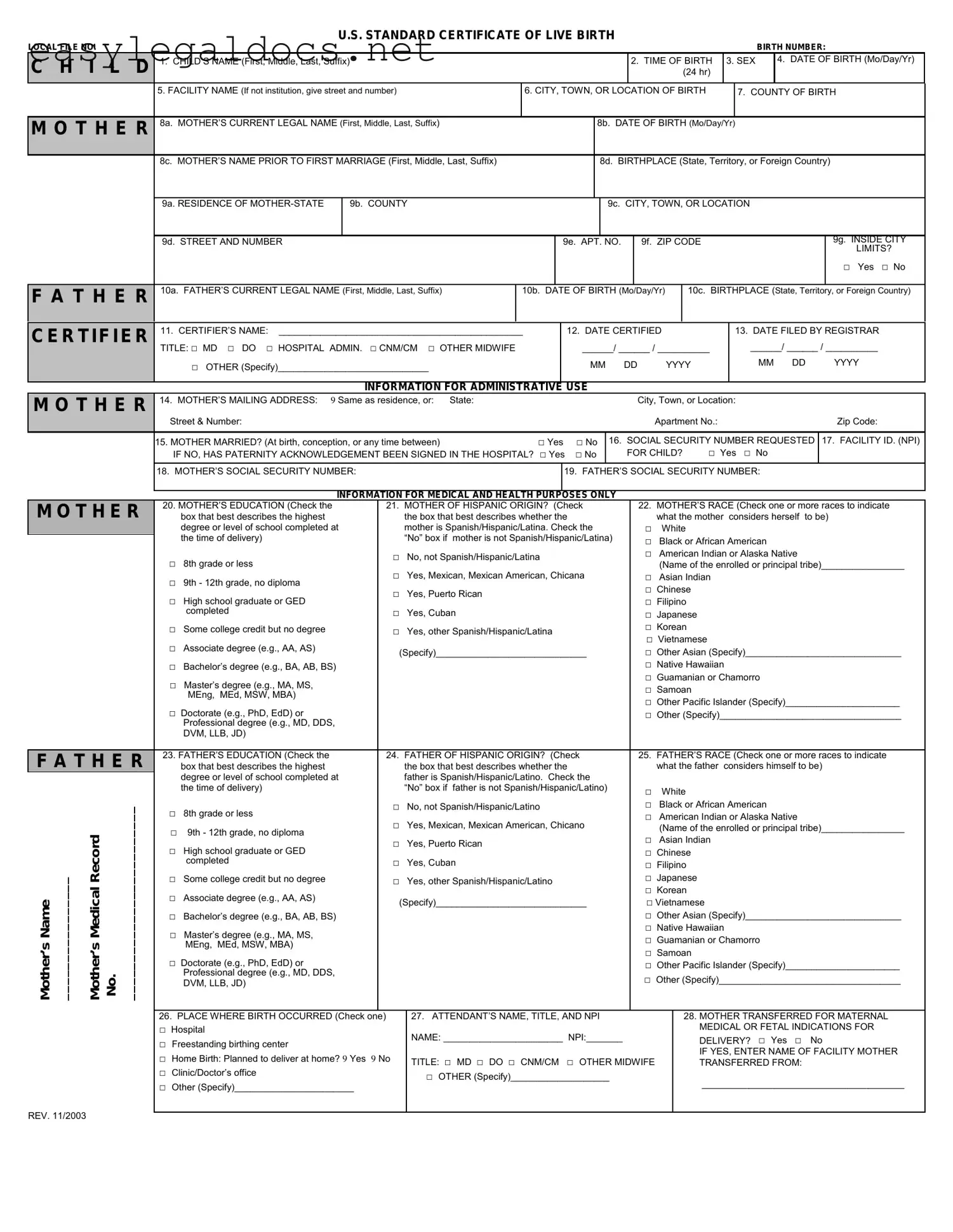 Download CDC U.S. Standard Certificate of Live Birth Form