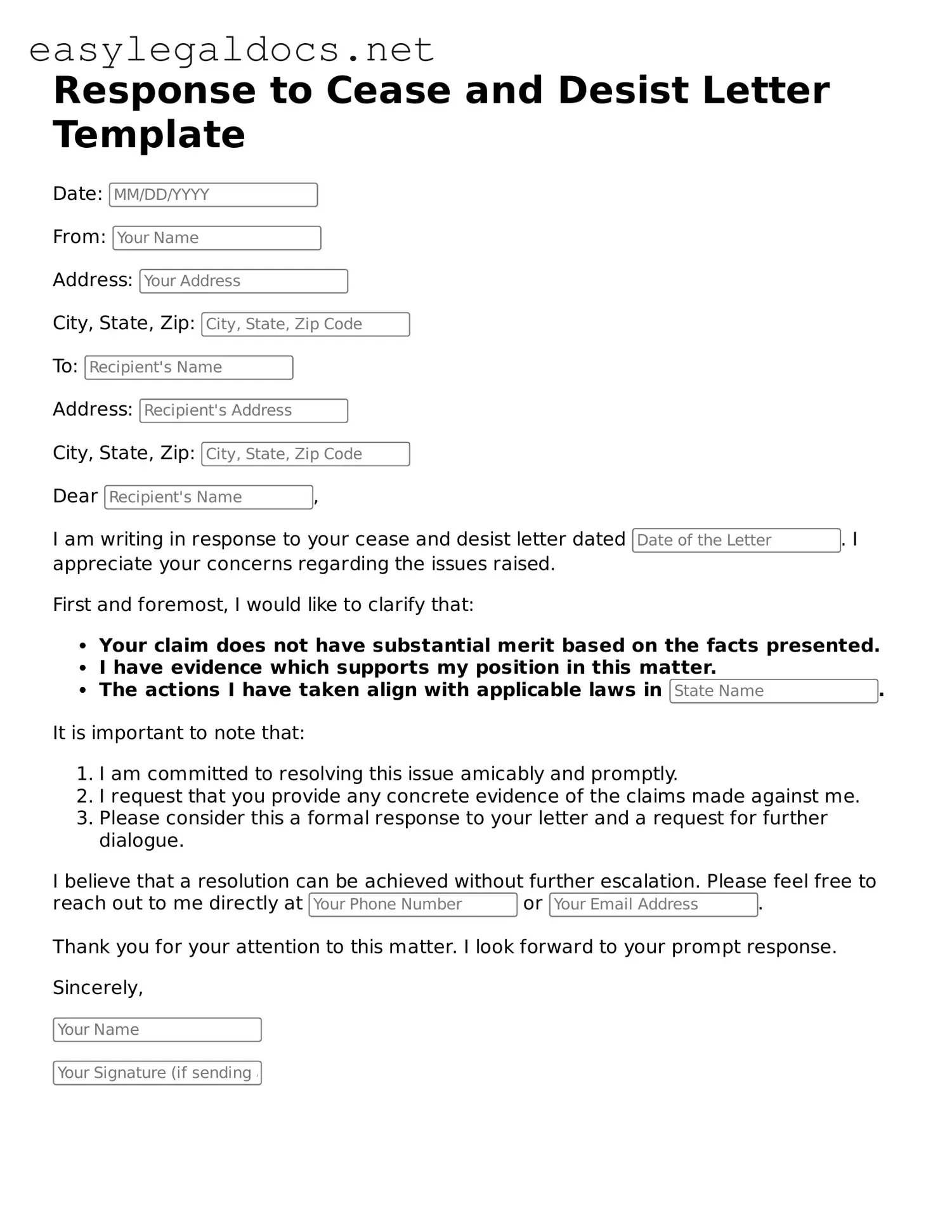 Printable Response to a Cease and Desist Letter Form