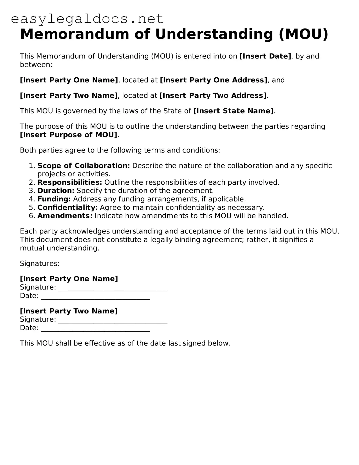 Printable Memorandum of Understanding Form