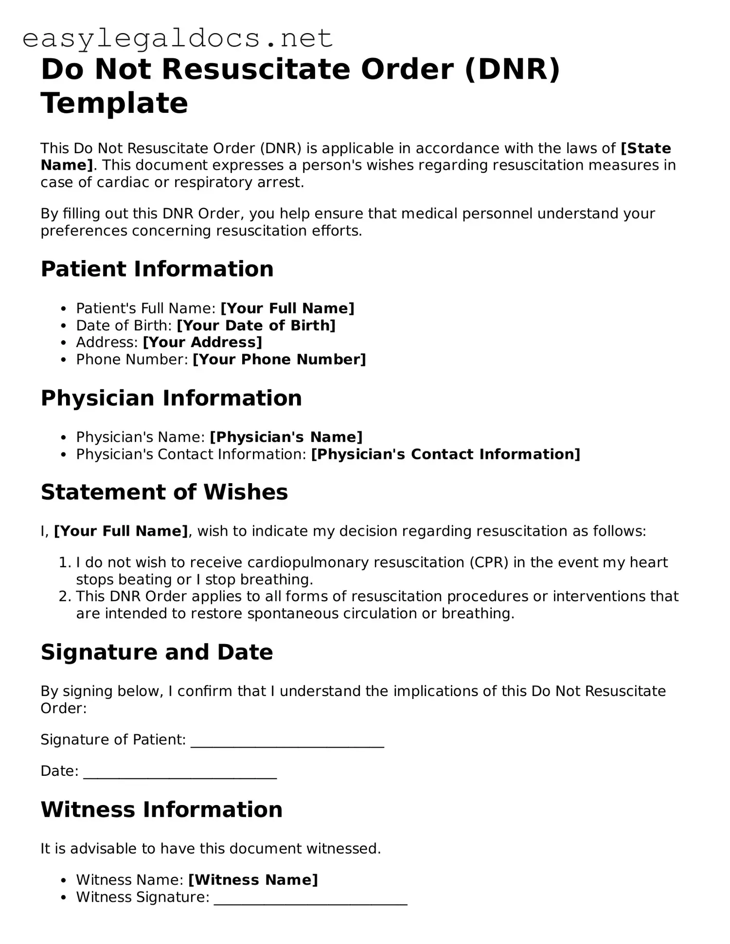 Printable Do Not Resuscitate Order Form