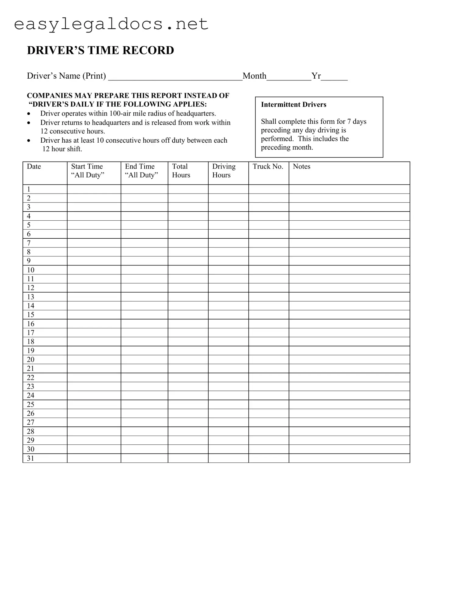 Download Driver Time Record Form