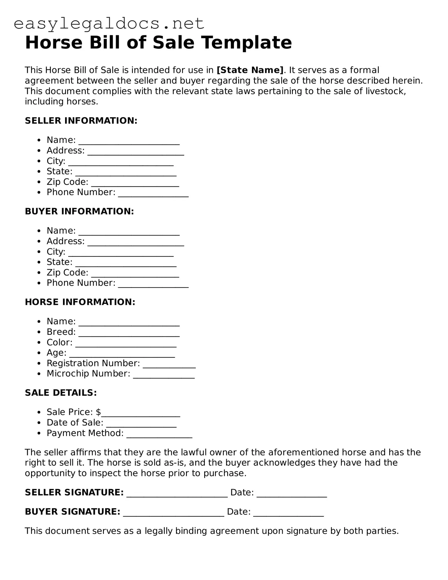Printable Horse Bill of Sale Form