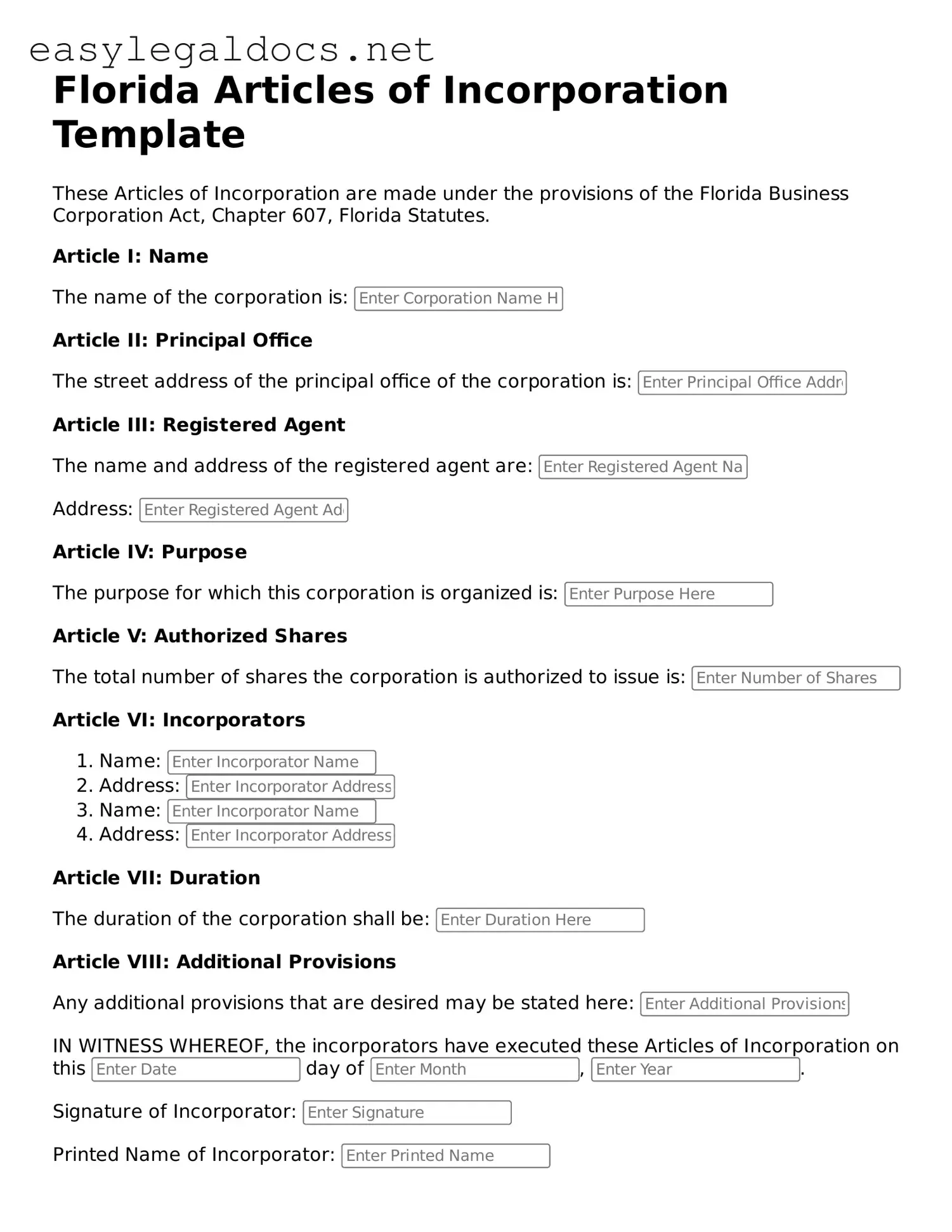 Blank  Articles of Incorporation Form for Florida