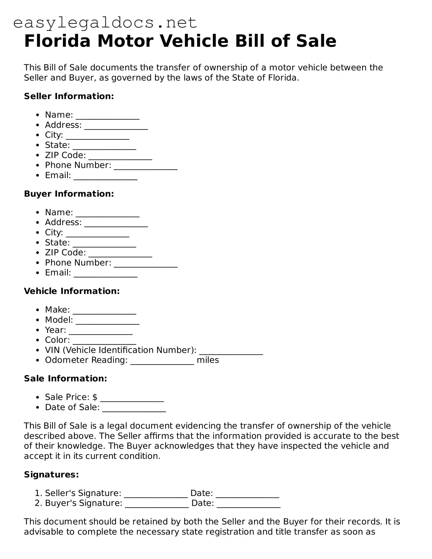 Blank  Motor Vehicle Bill of Sale Form for Florida