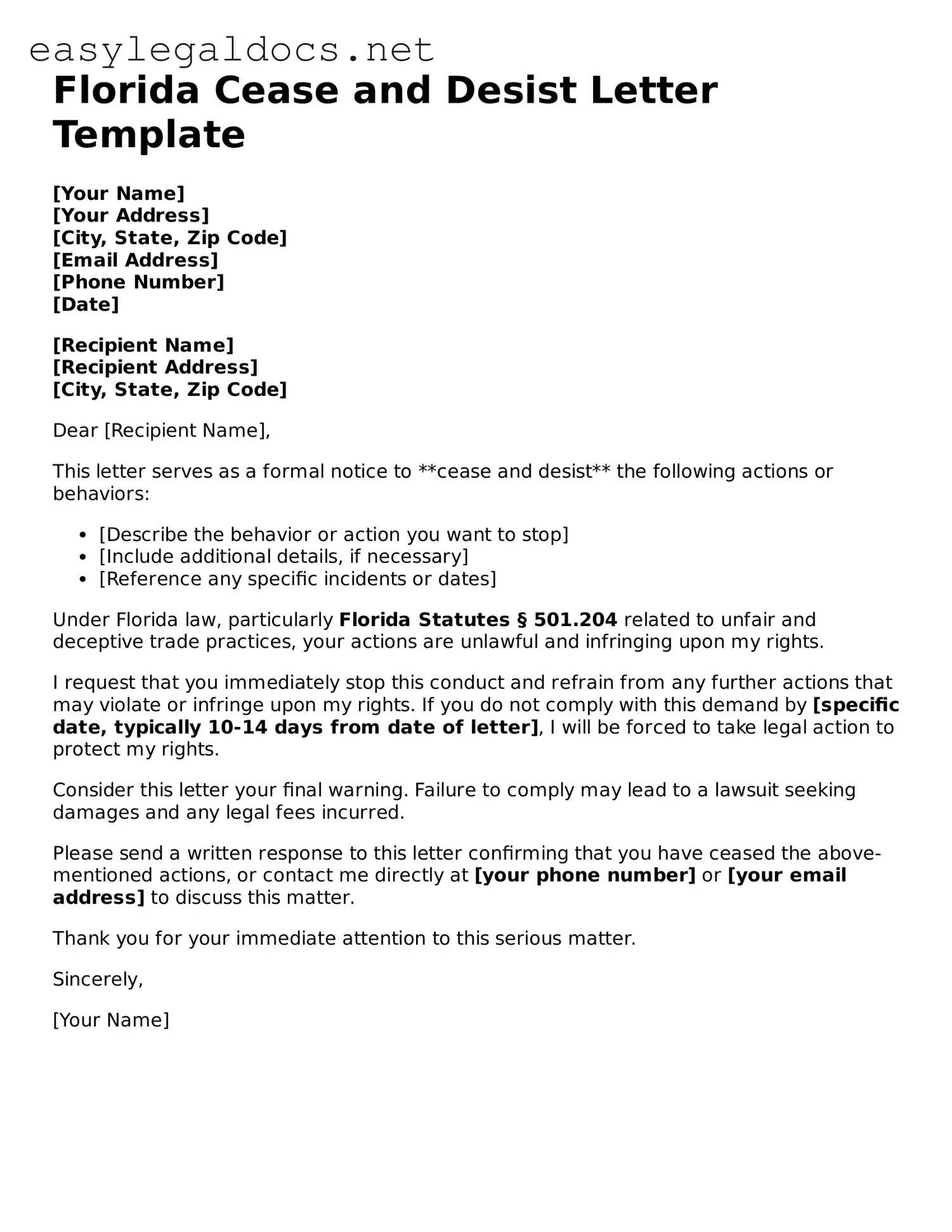 Blank  Cease and Desist Letter Form for Florida