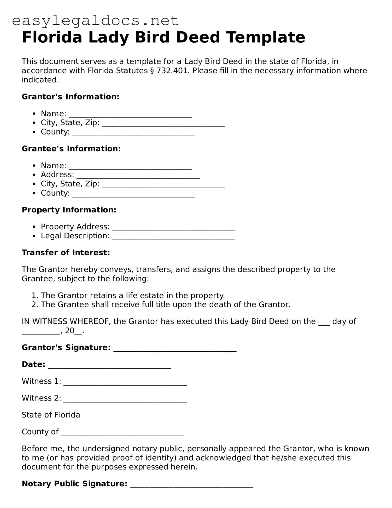 Blank  Lady Bird Deed Form for Florida