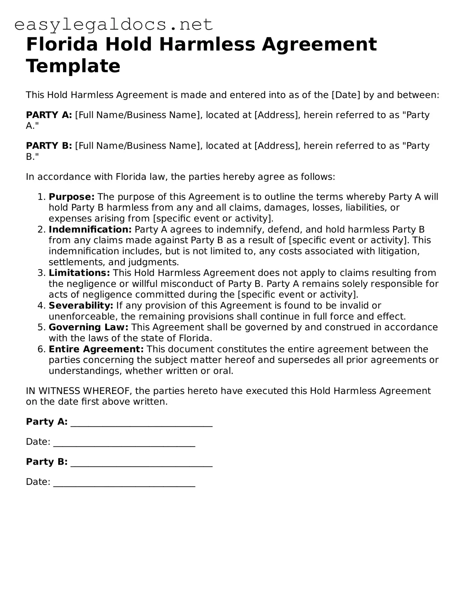 Blank  Hold Harmless Agreement Form for Florida