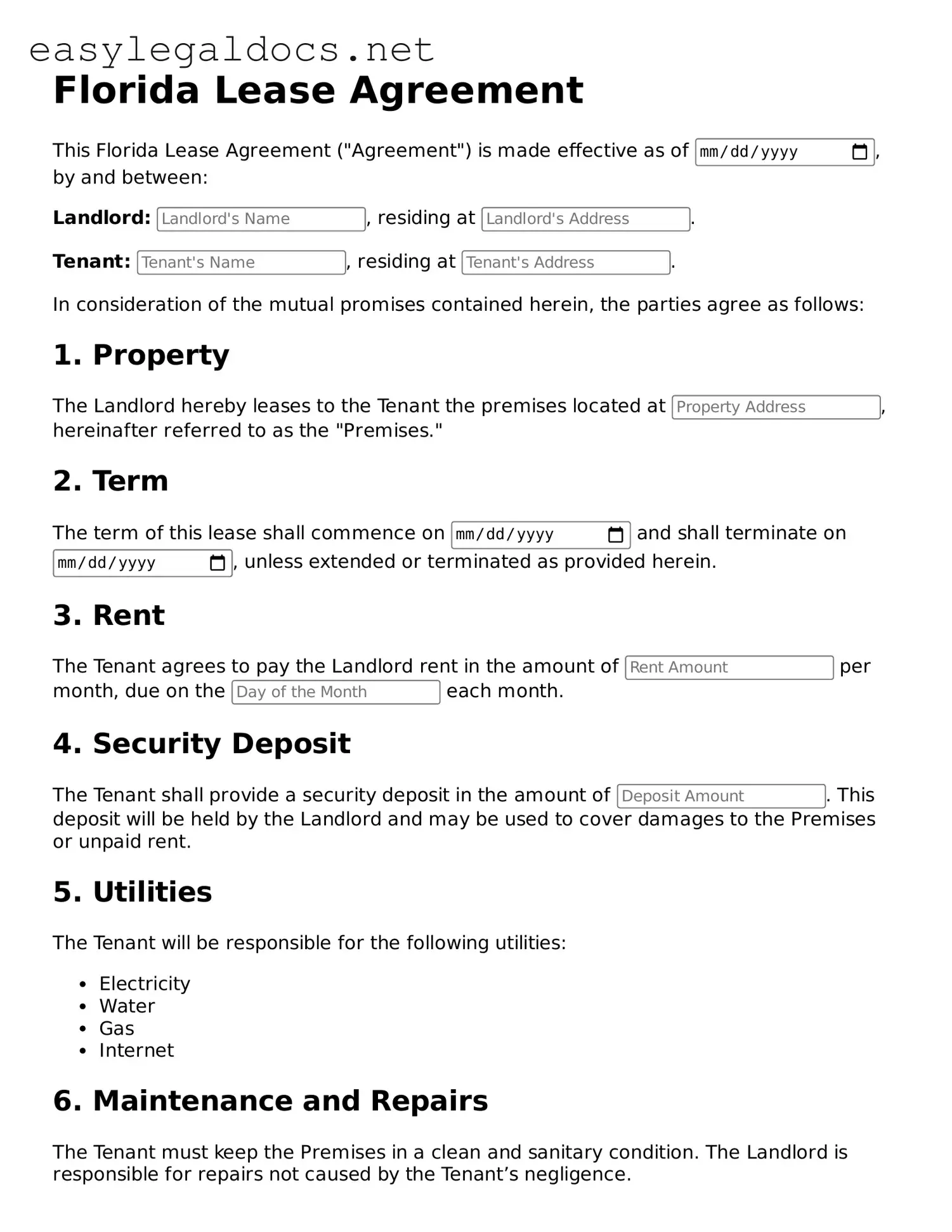 Blank  Lease Agreement Form for Florida