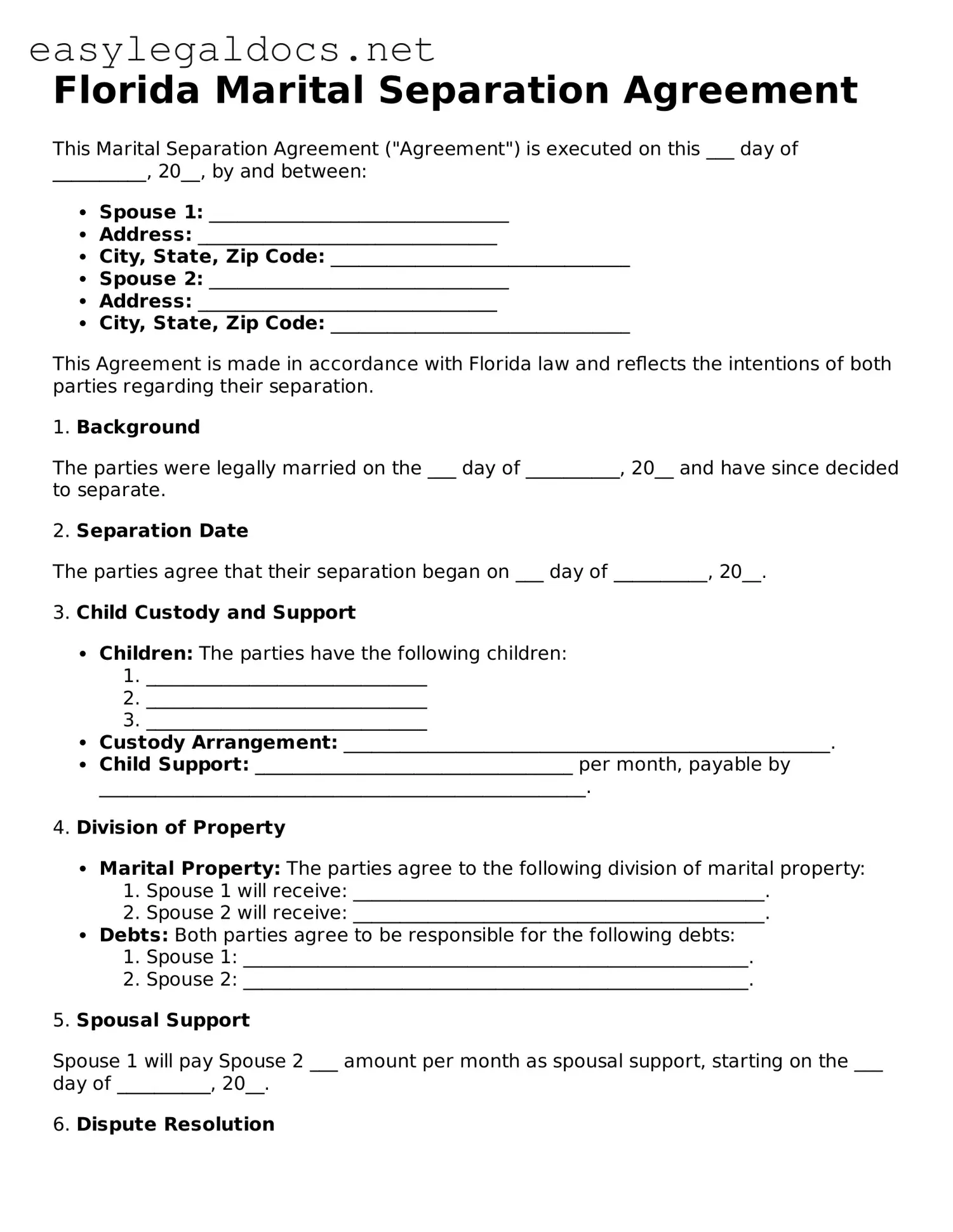 Blank  Marital Separation Agreement Form for Florida