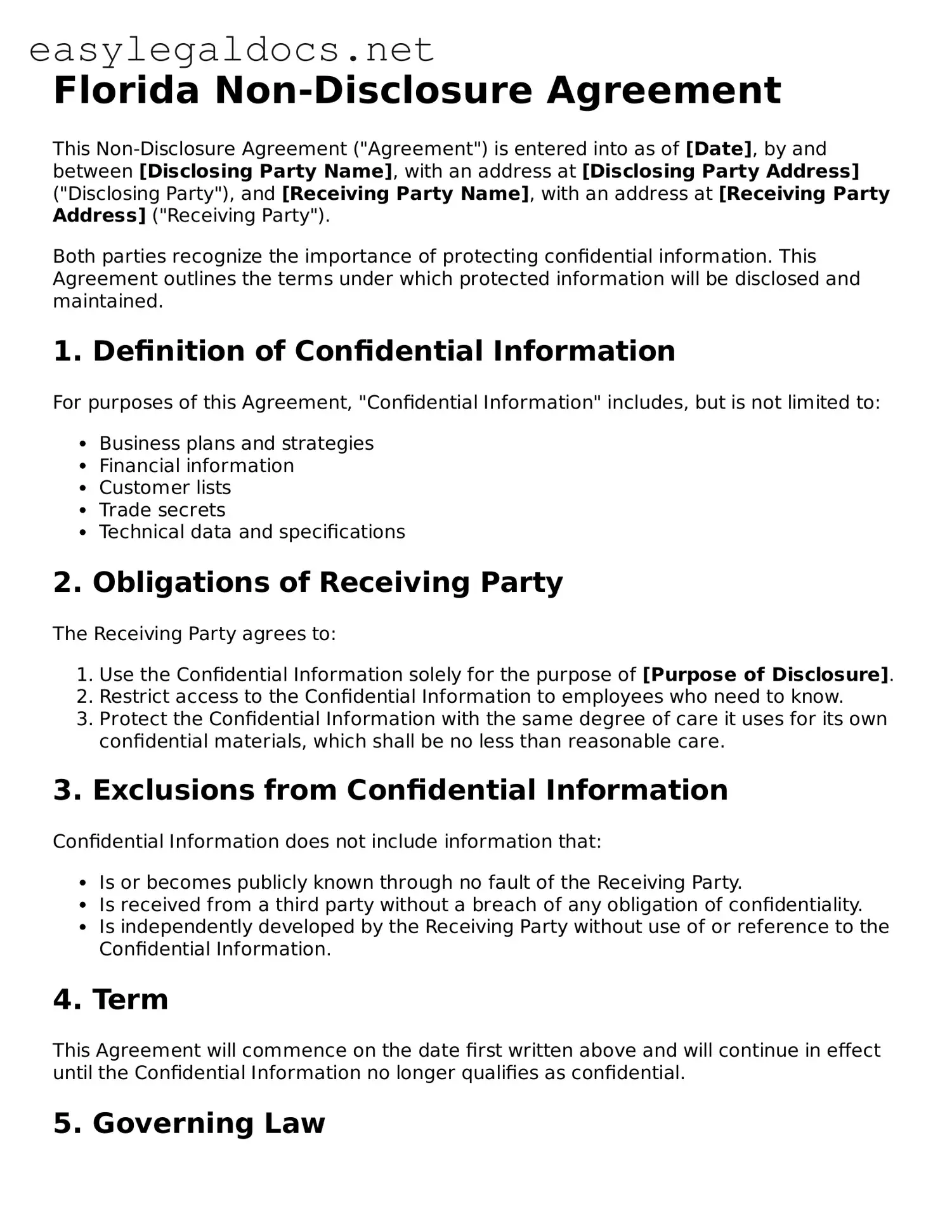 Blank  Non-disclosure Agreement Form for Florida