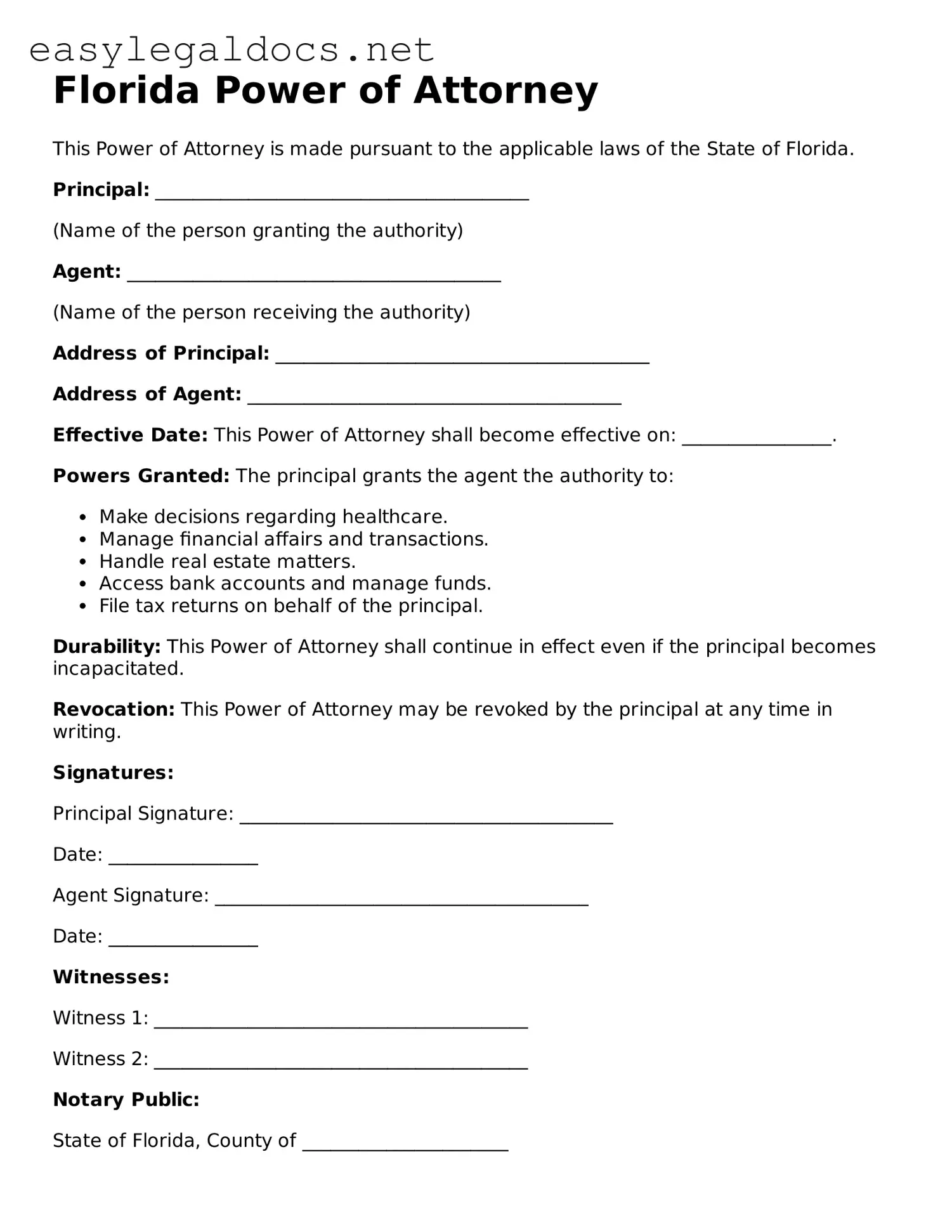 Blank  Power of Attorney Form for Florida