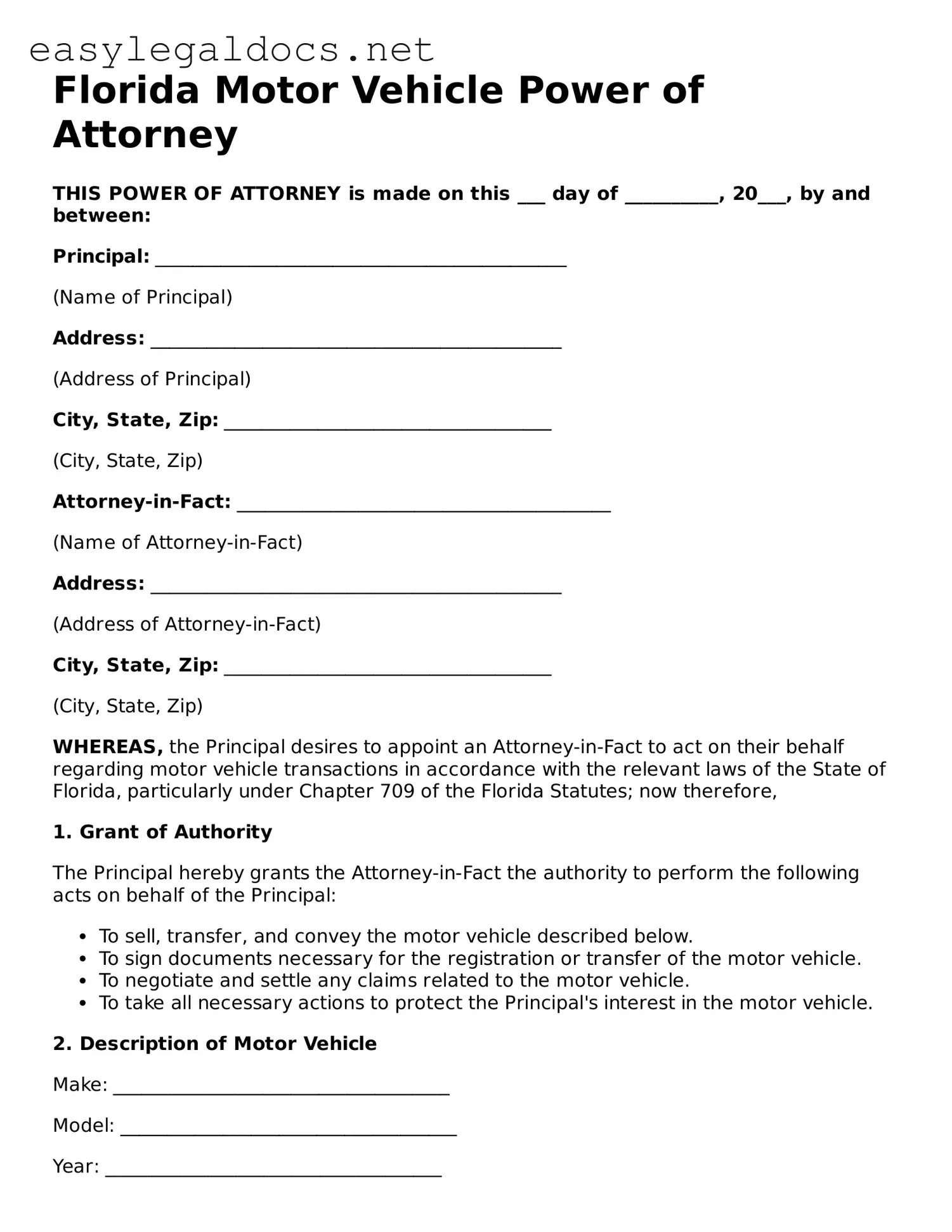 Blank  Motor Vehicle Power of Attorney Form for Florida