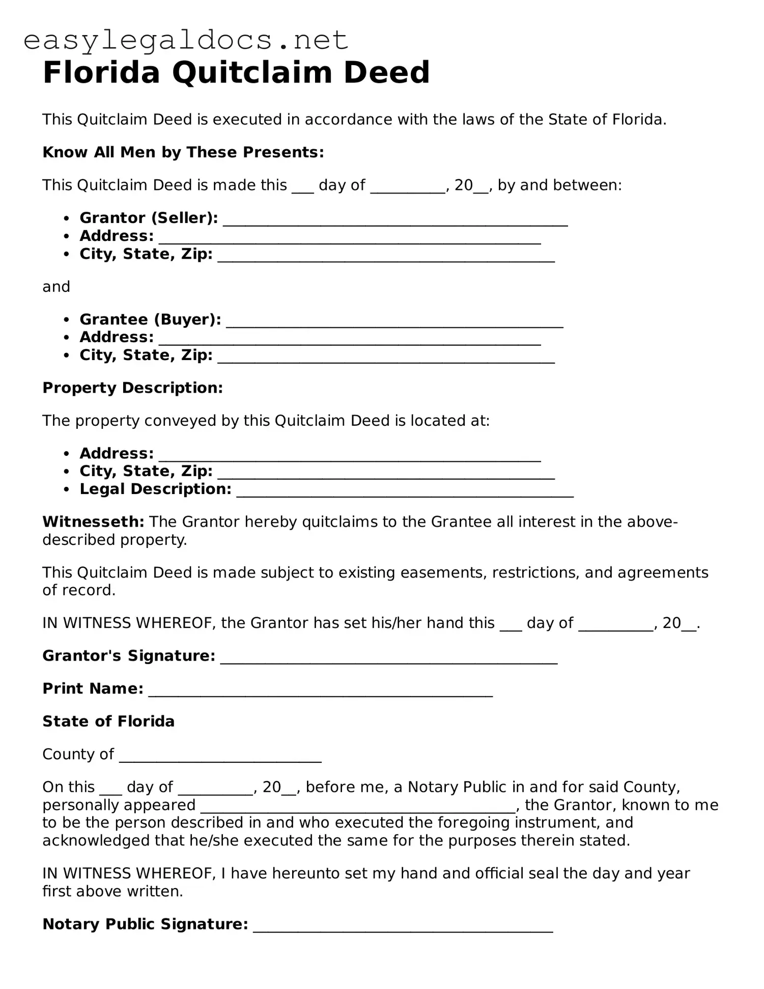 Blank  Quitclaim Deed Form for Florida
