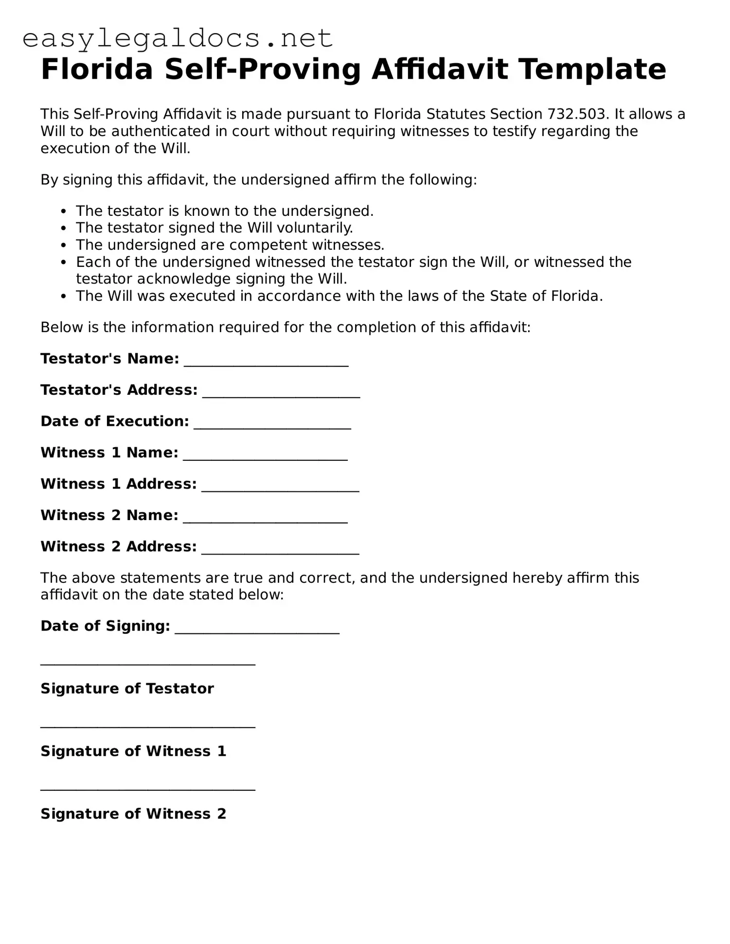 Blank  Self-Proving Affidavit Form for Florida