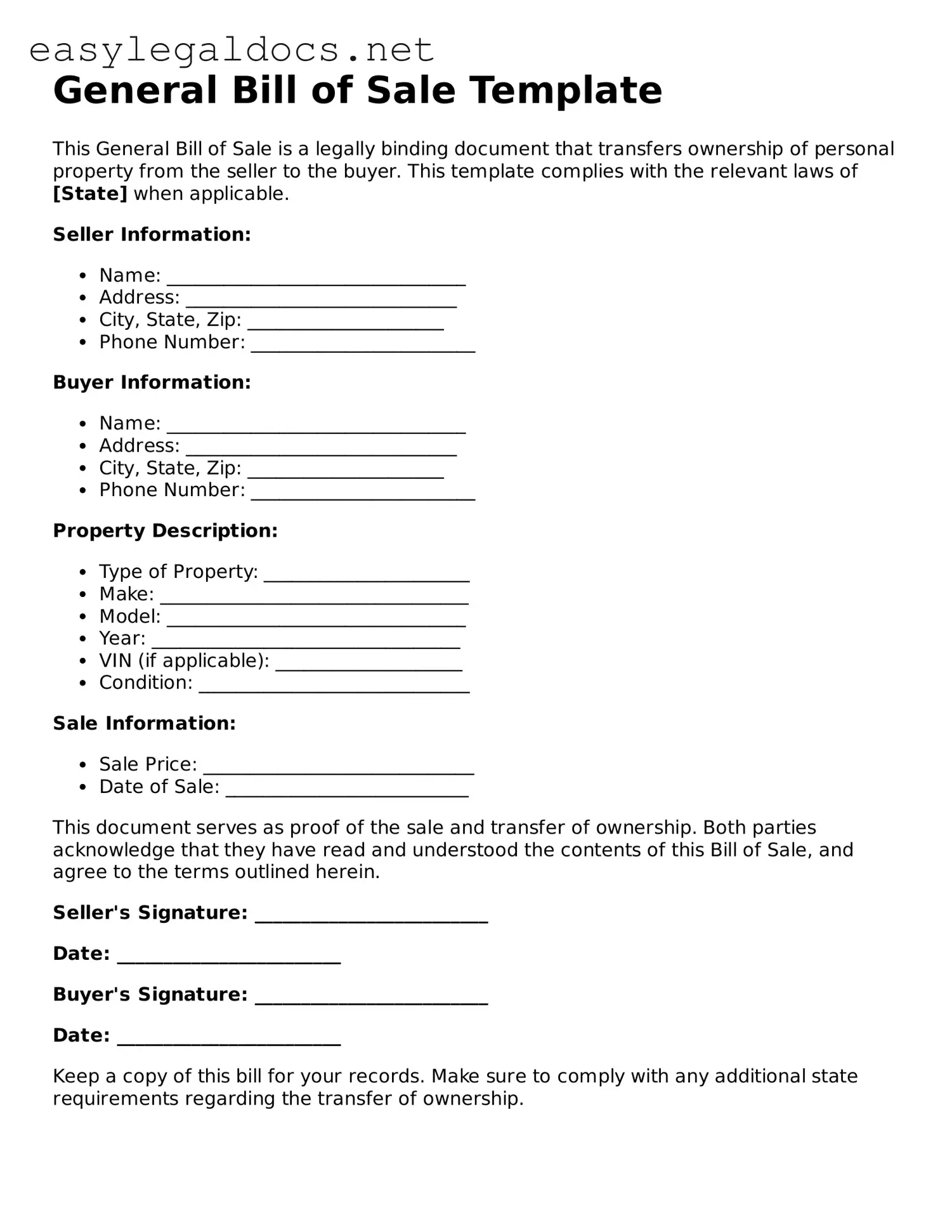 Printable General Bill of Sale Form
