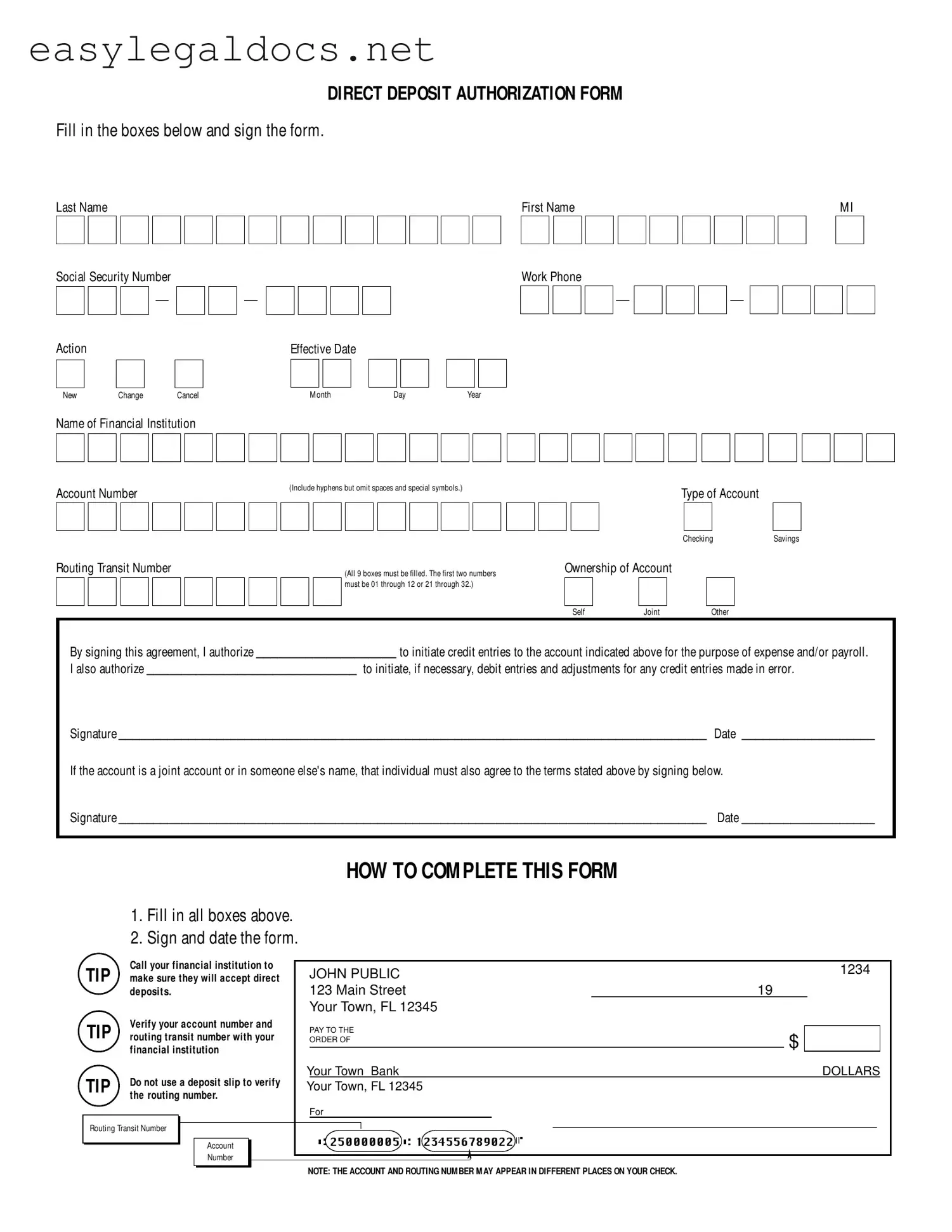 Download Generic Direct Deposit Form