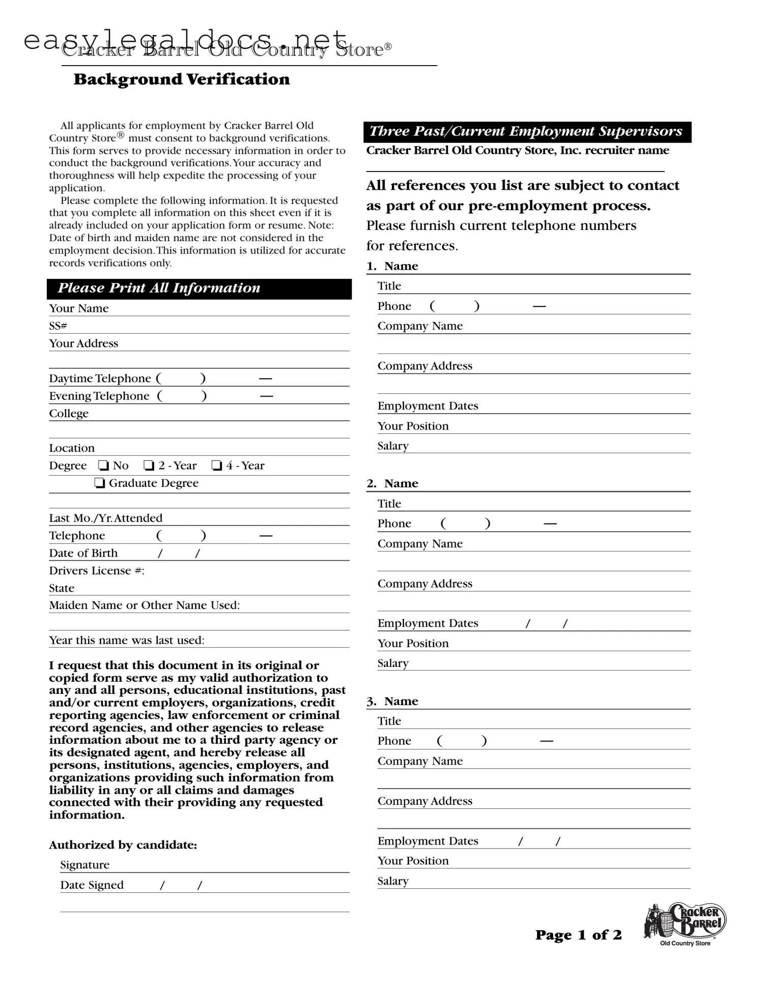 Download Cracker Barrel Background Check Form