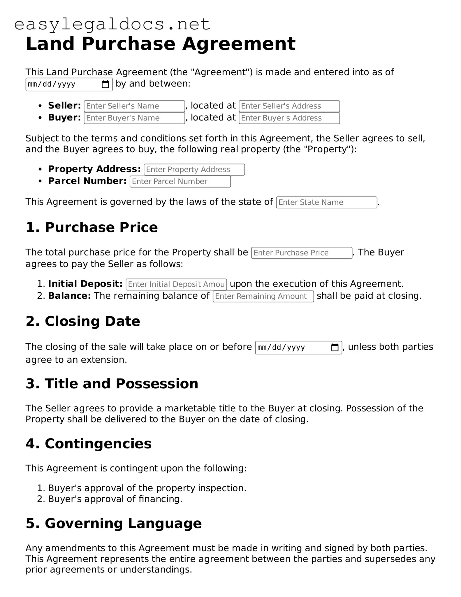 Free Land Purchase Agreement Forms Download PDF Template