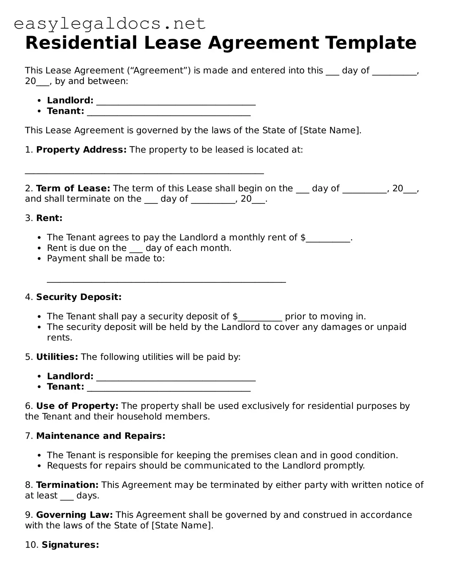 Printable Lease Agreement Form