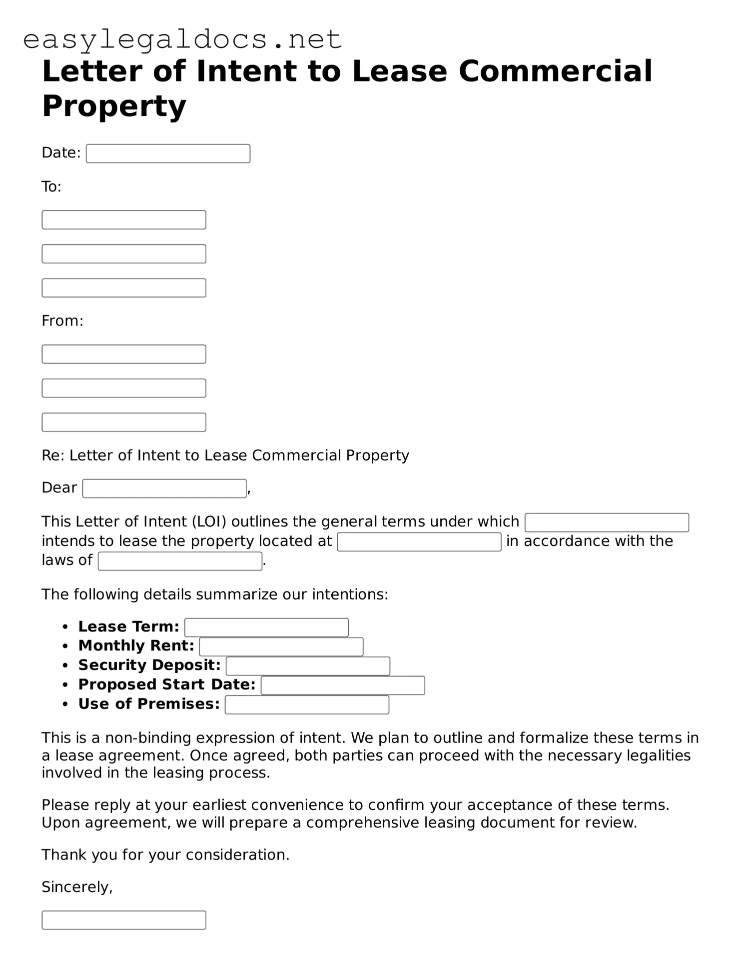 Printable Letter of Intent to Lease Commercial Property Form