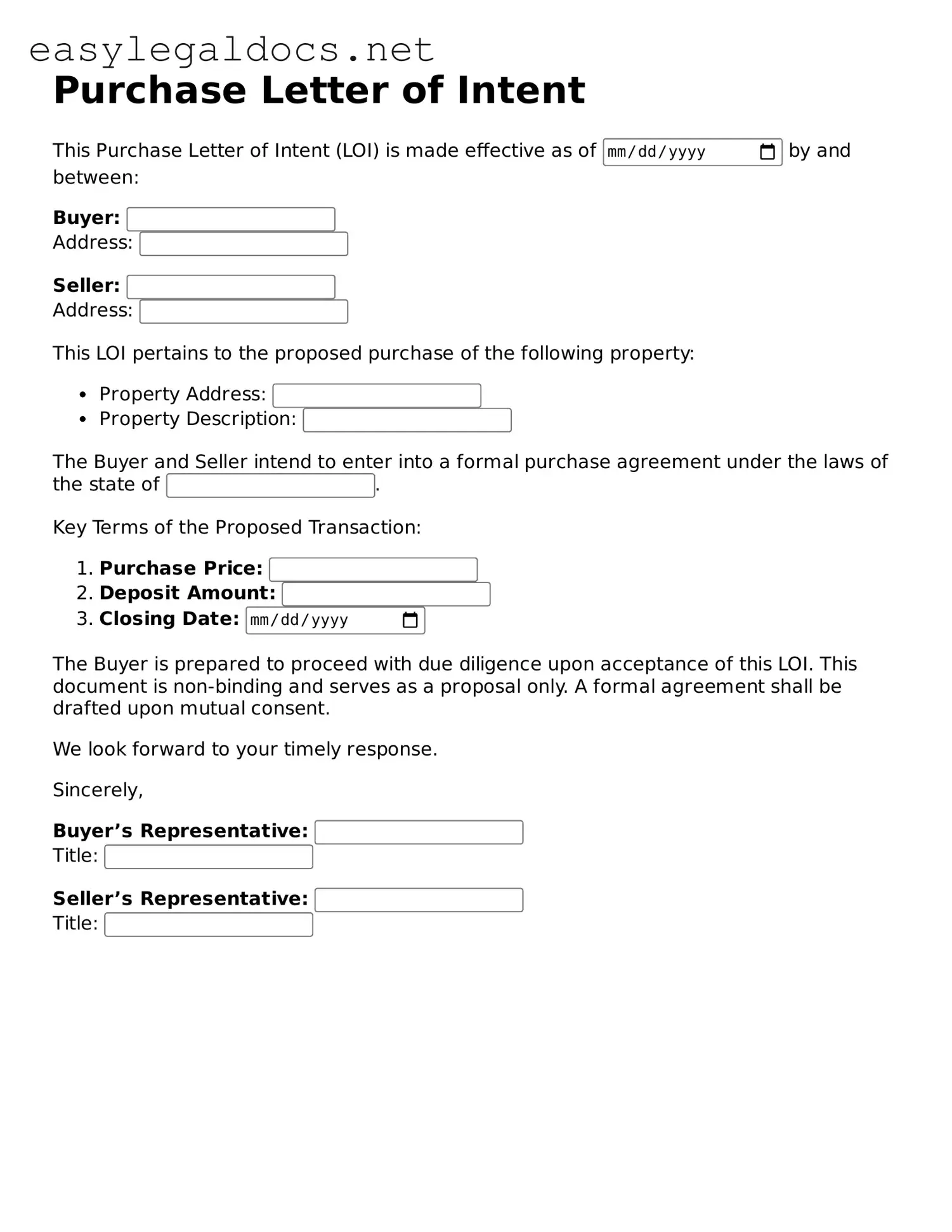 Printable Purchase Letter of Intent Form