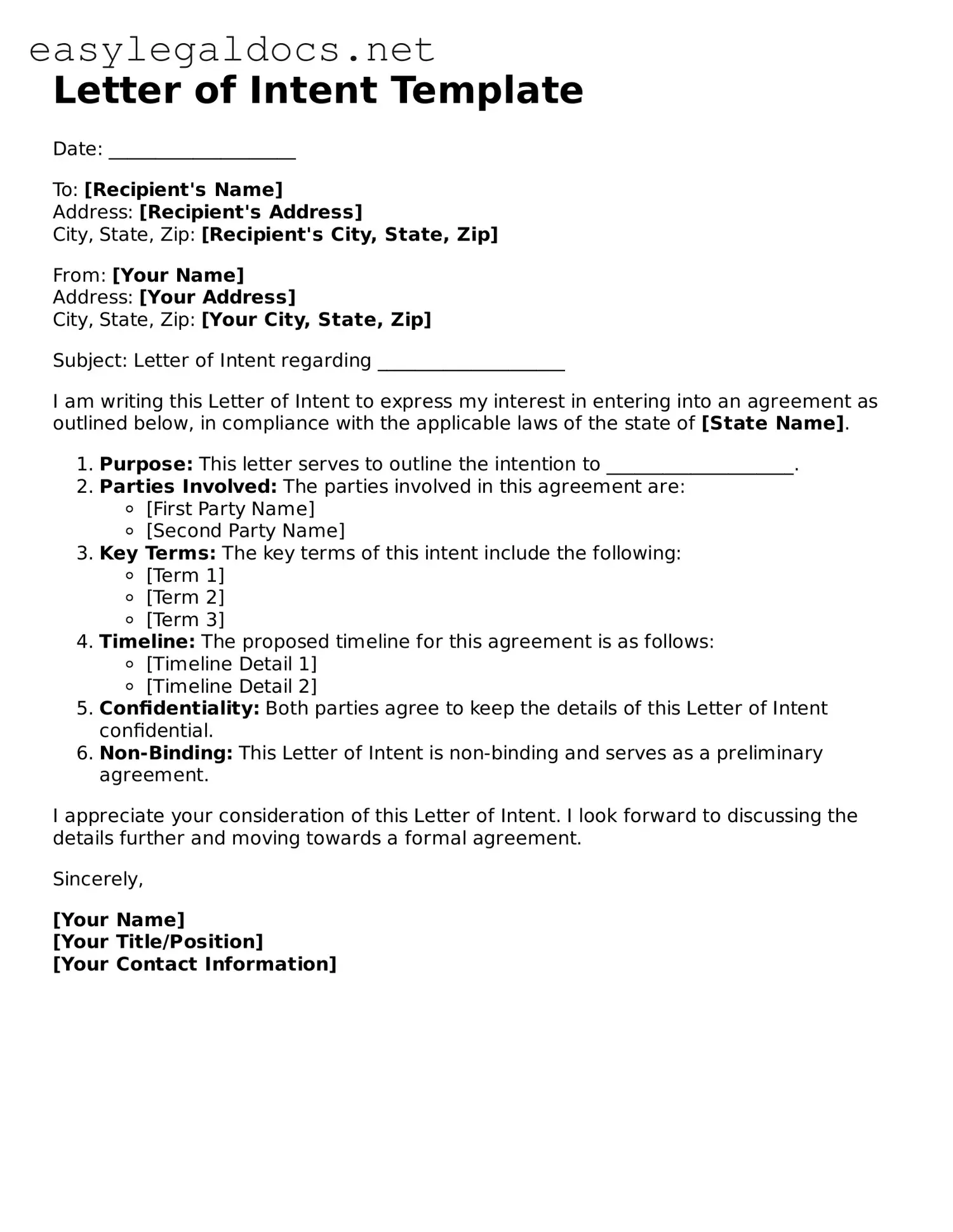 Printable Letter of Intent Form
