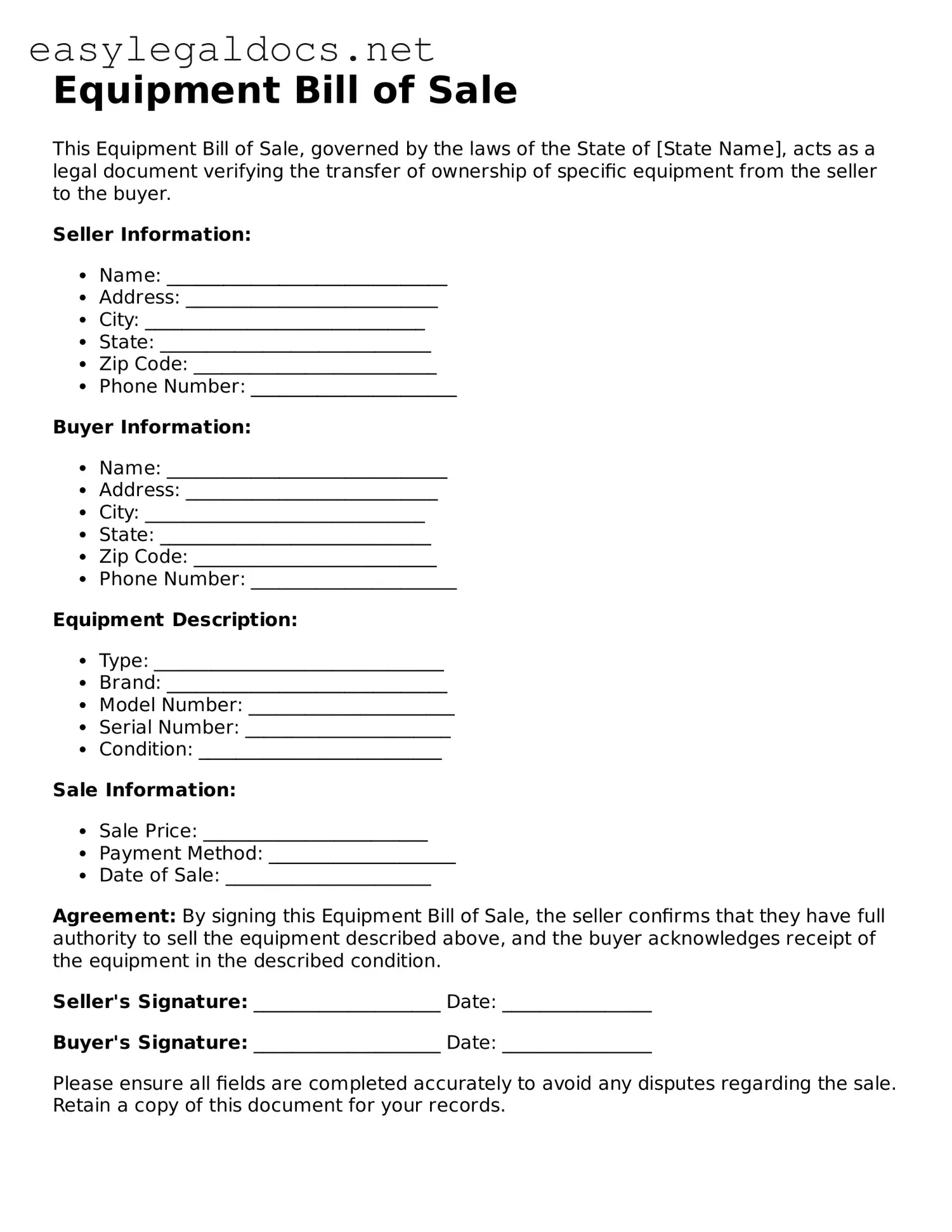 Printable Equipment Bill of Sale Form
