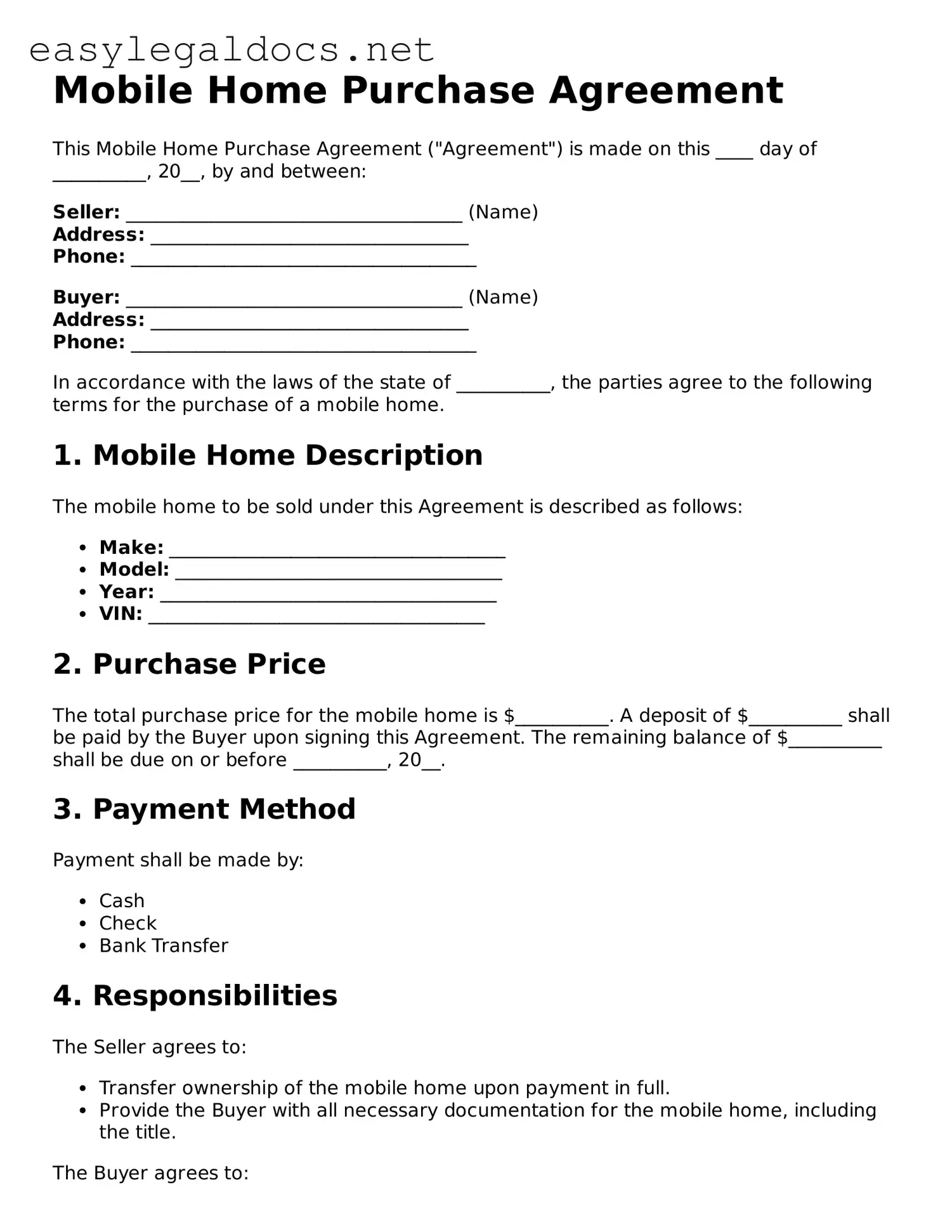 Printable Mobile Home Purchase Agreement Form