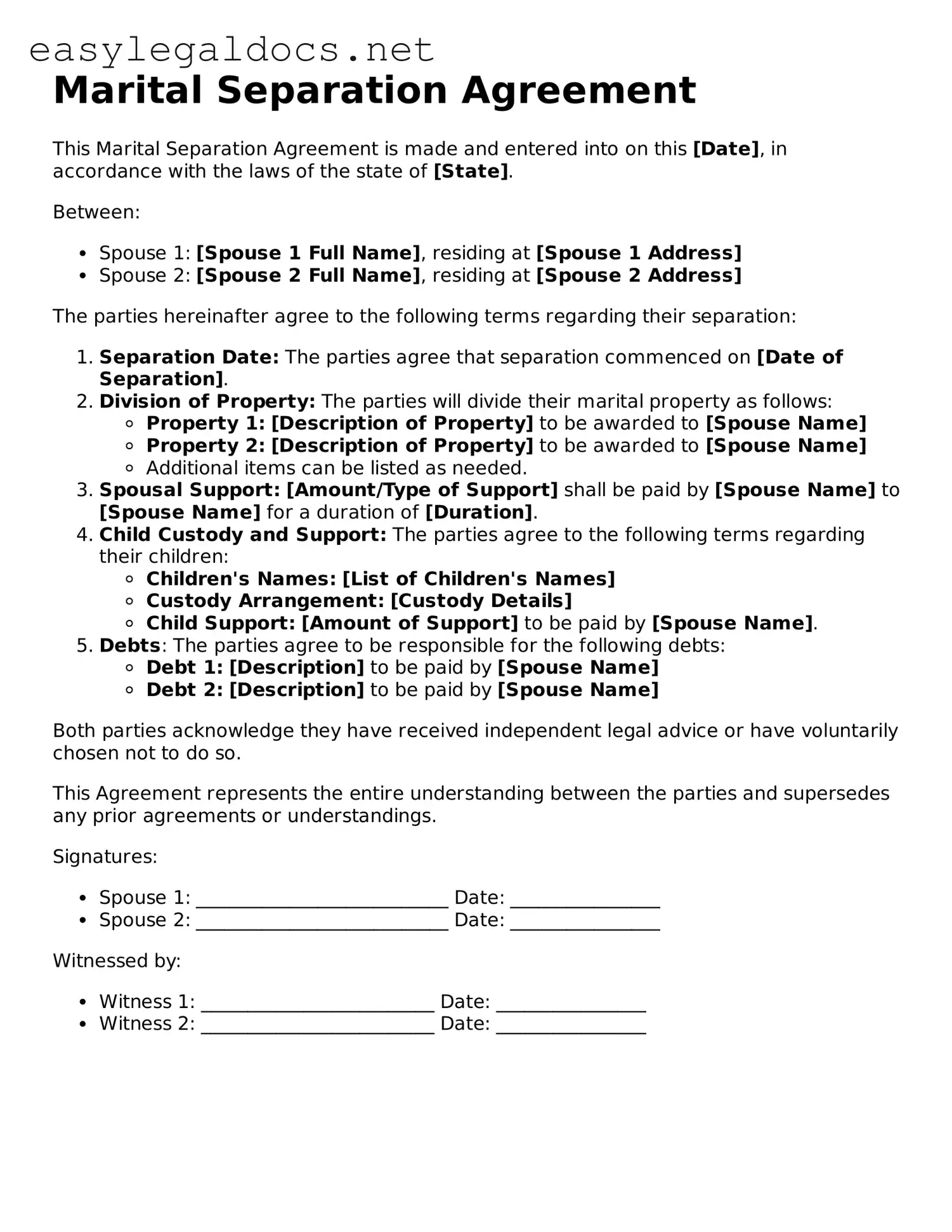 Printable Marital Separation Agreement Form