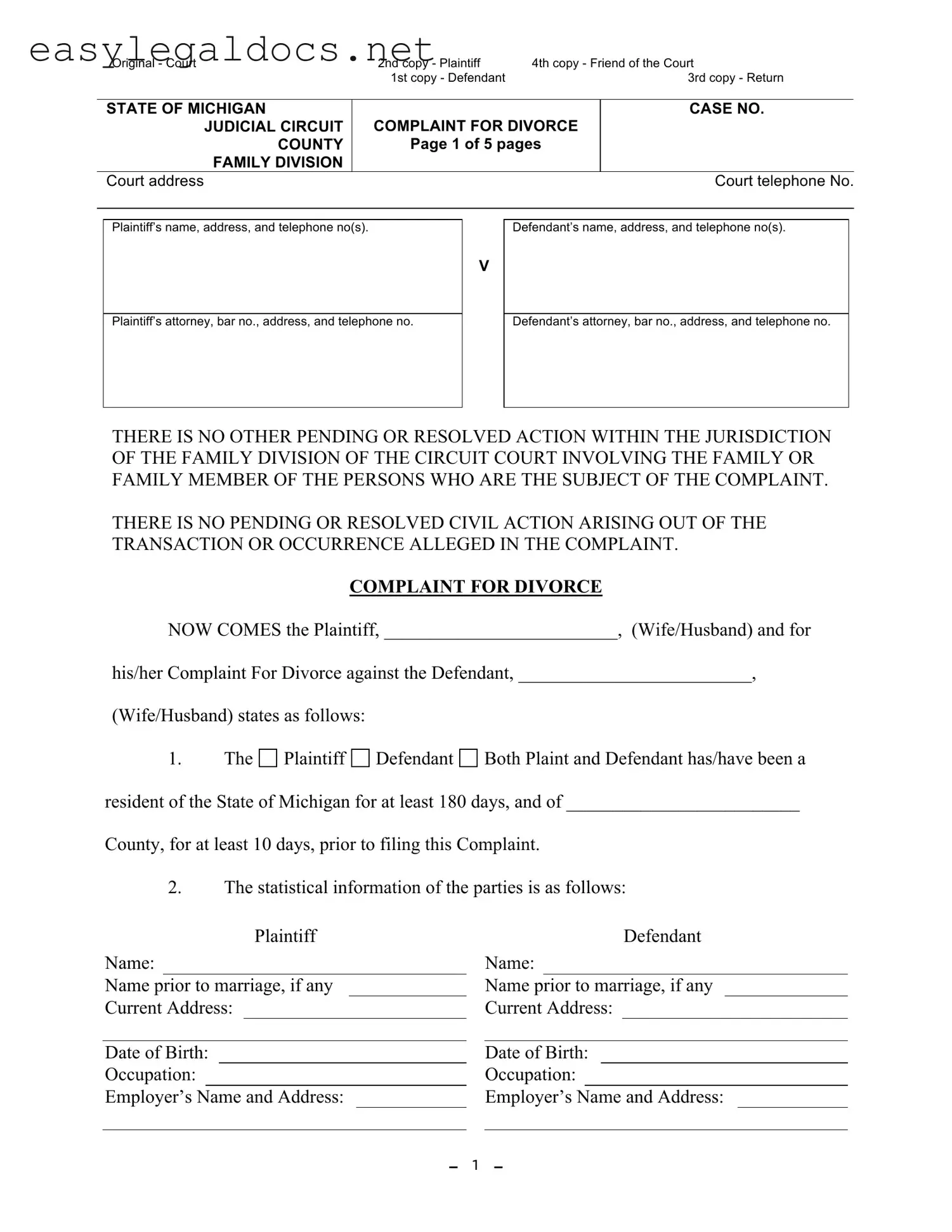 Download Michigan Complaint Divorce Form