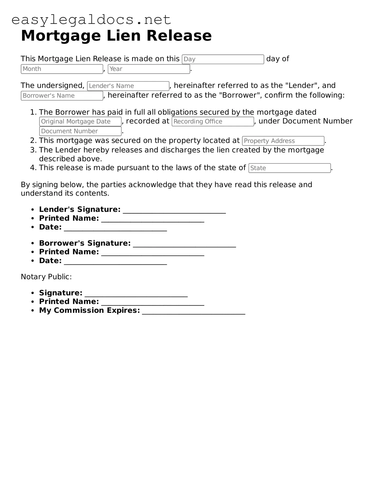 Printable Mortgage Lien Release Form
