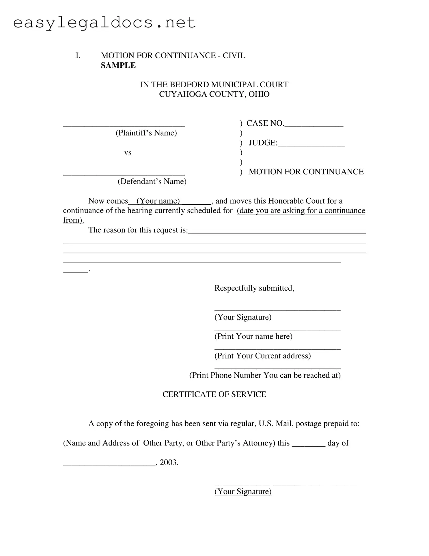Download Motion For Continuance Form