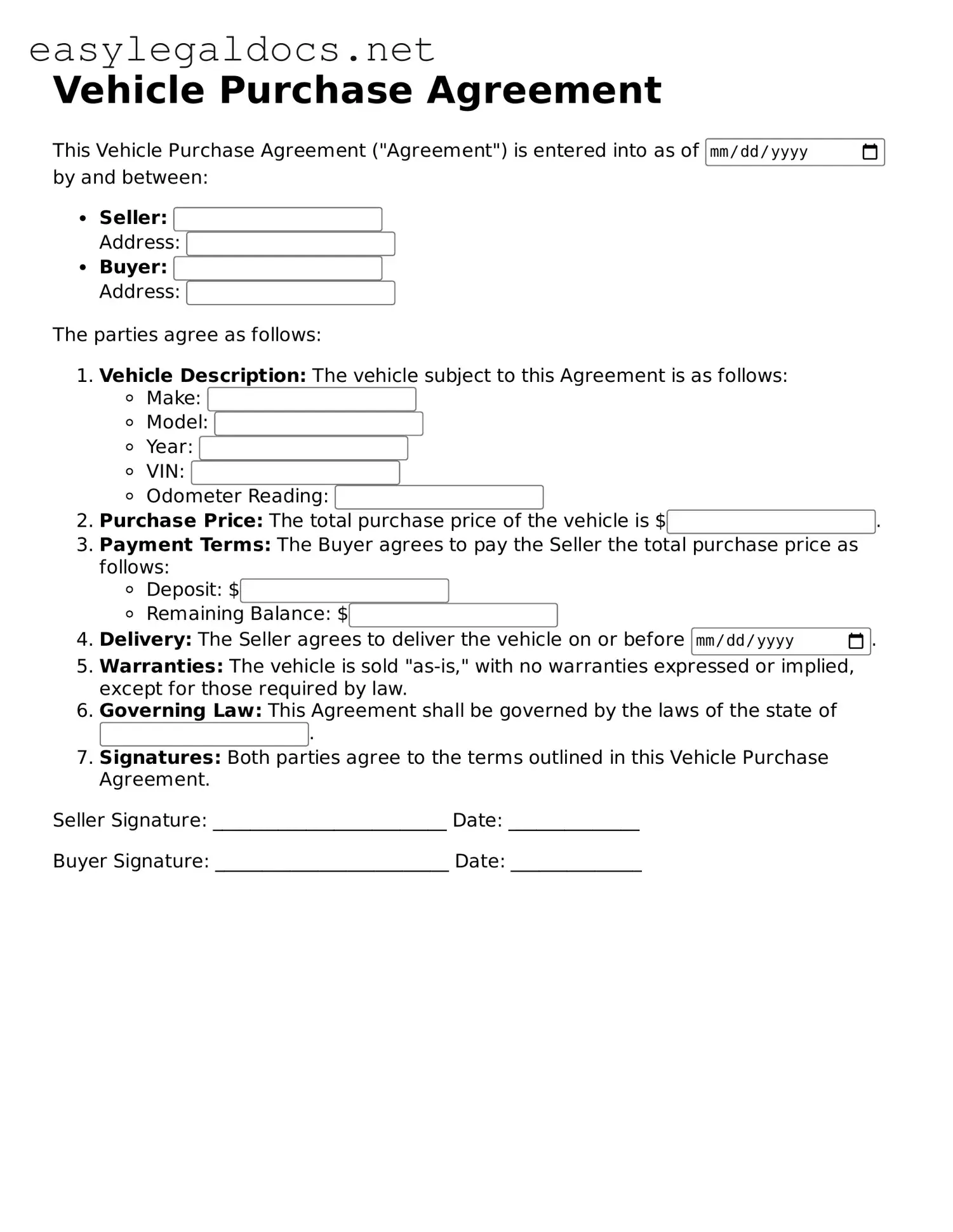 Free Vehicle Purchase Agreement Forms Download PDF Template Free Vehicle Purchase Agreement Forms Download PDF Template