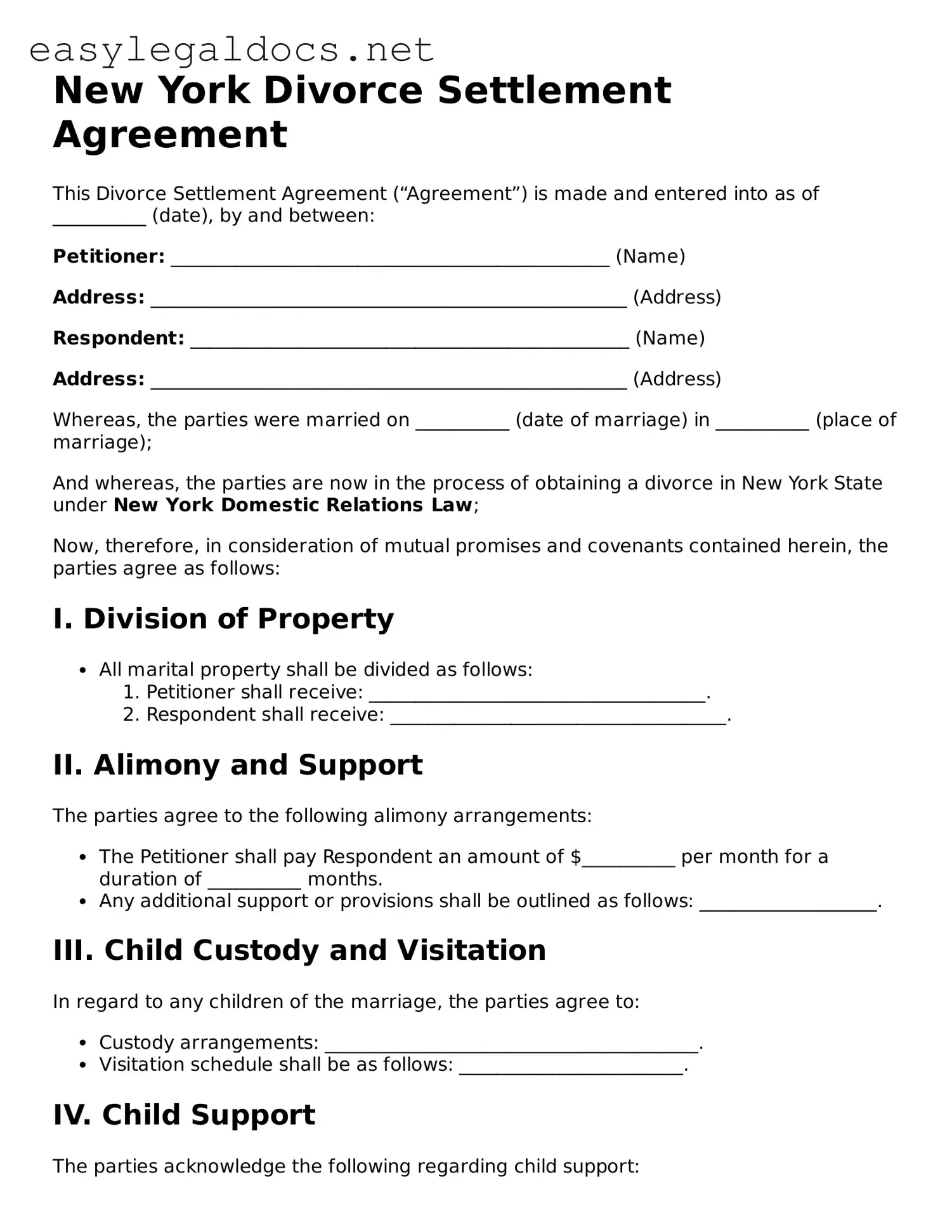 Blank  Divorce Settlement Agreement Form for New York