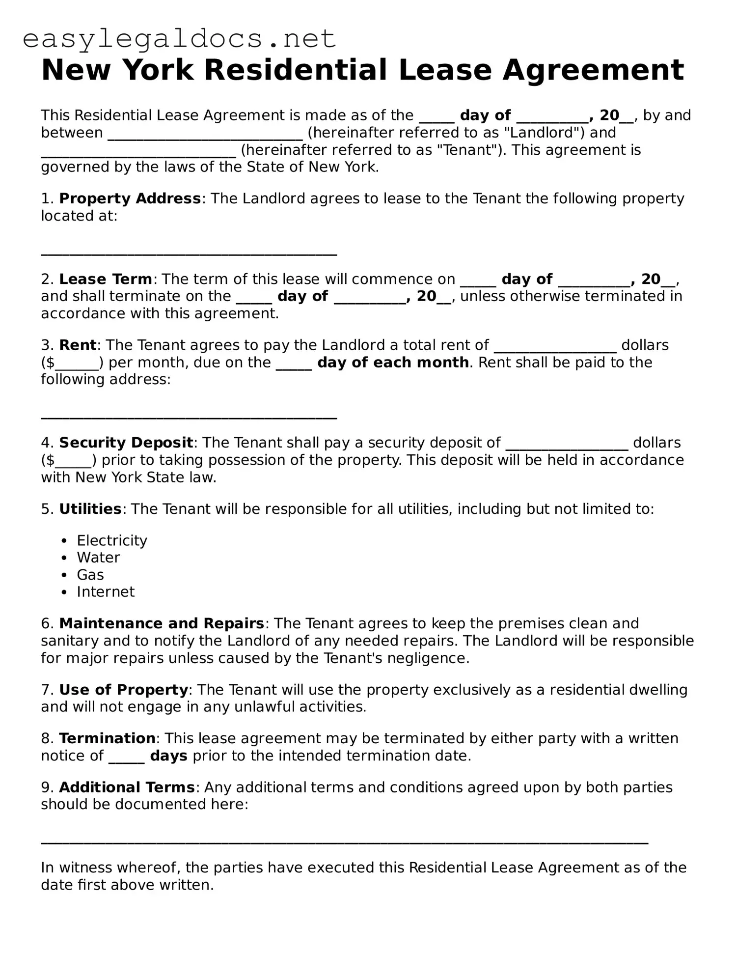 Blank  Residential Lease Agreement Form for New York