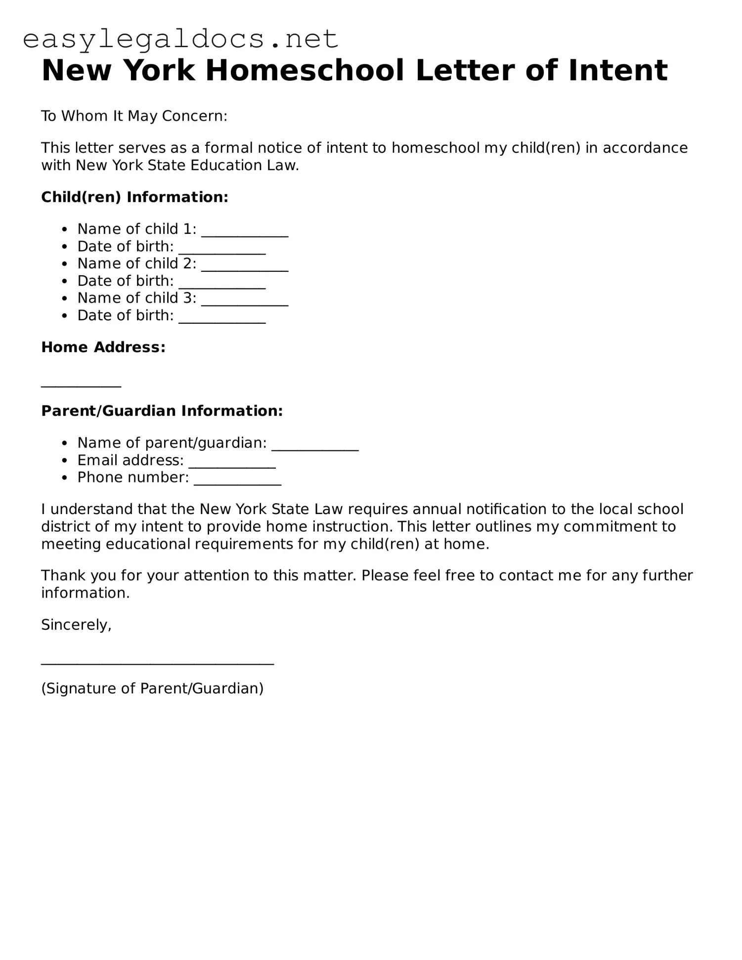 Blank  Homeschool Letter of Intent Form for New York